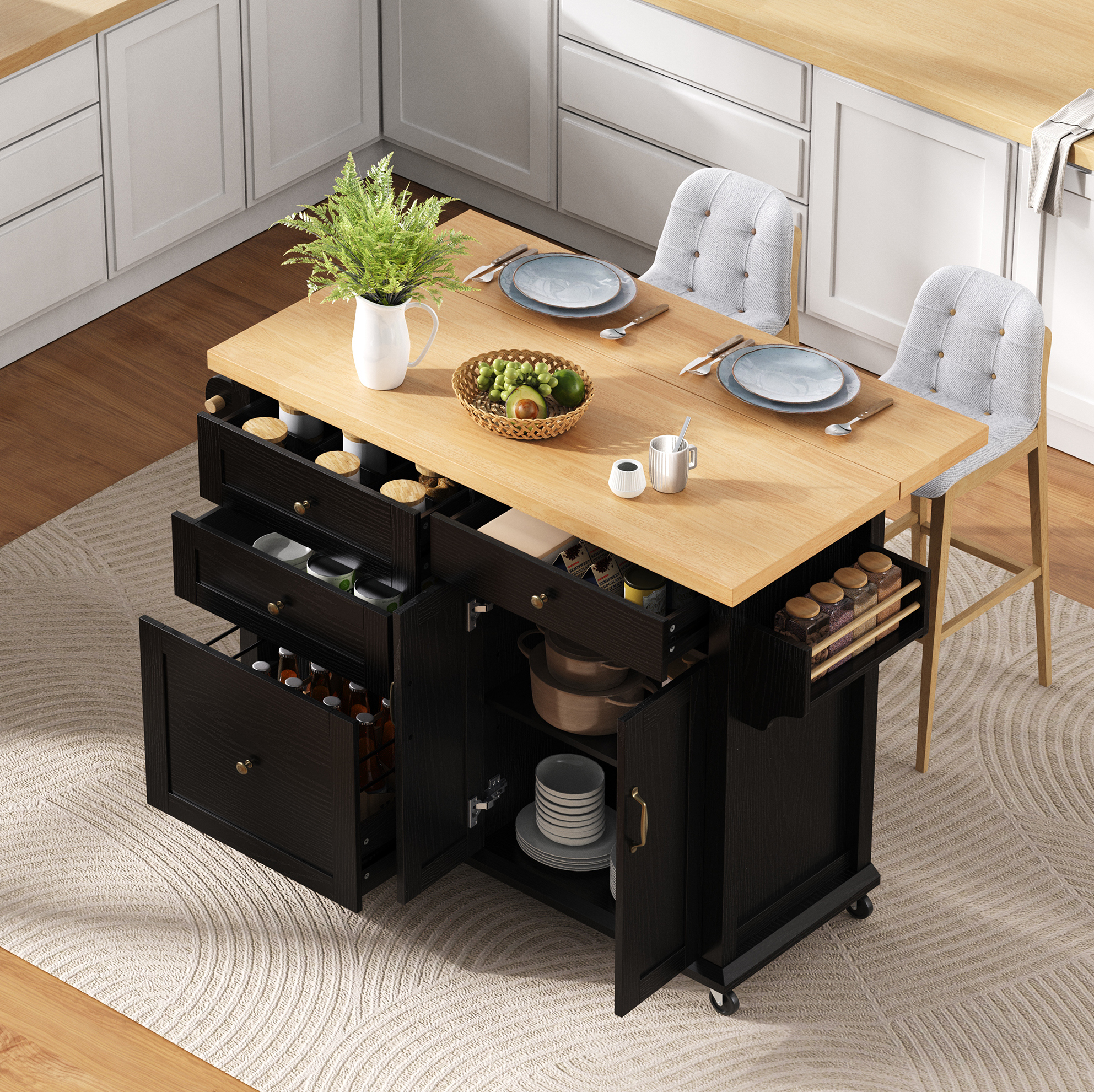 Kücheninsel 107x45-70x90.5 Cm Schwarz/natur Mdf Mit Rollen Und Ausziehbarer Arbeitsplatte