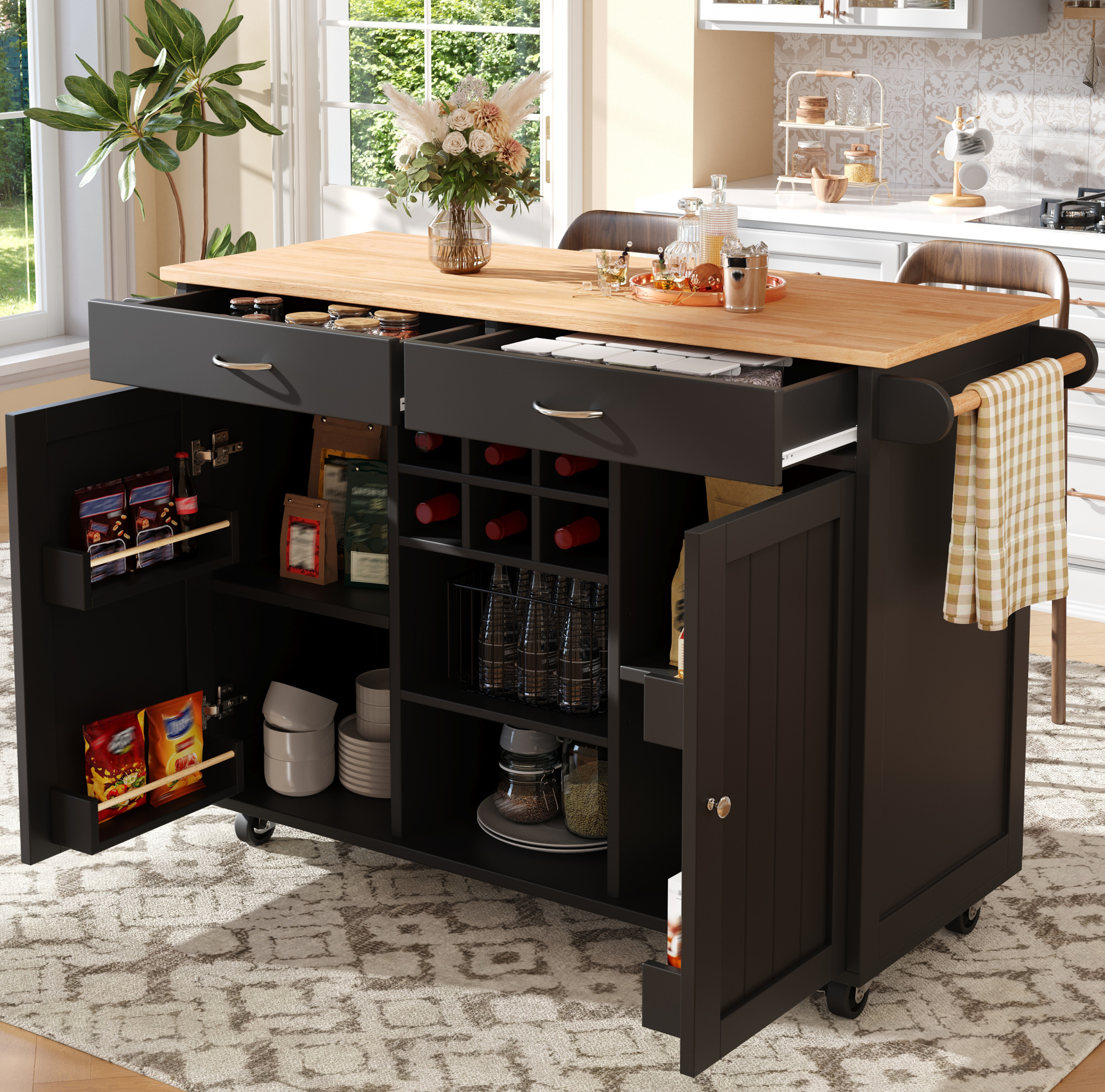 Kücheninsel 102x45x92 Cm Schwarz Aus Mdf Und Metall Mit Rollen, Weinregal Und Verstellbarem Stauraum