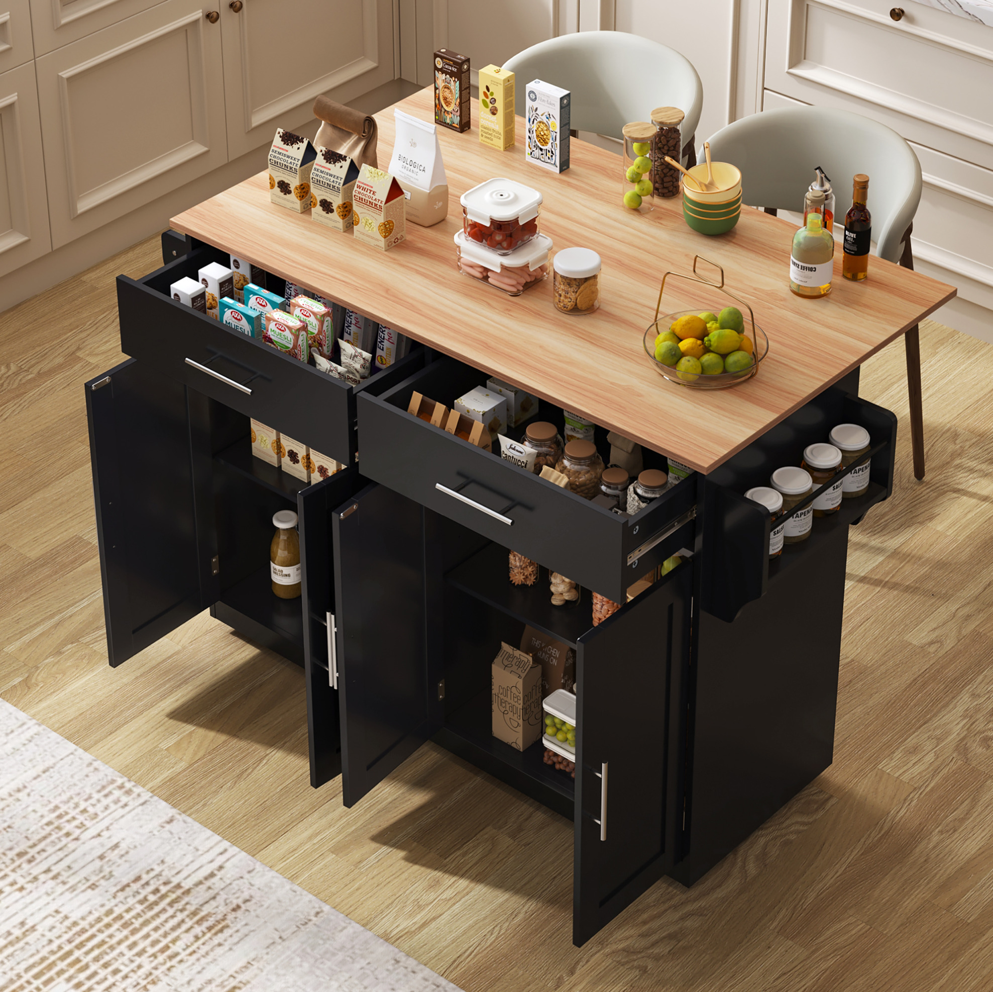 Servierwagen 120x46x91.5 Cm Schwarz/natur Aus Mdf Mit Klappbarer Platte, Rollen Und Austauschbaren Holzfüßen