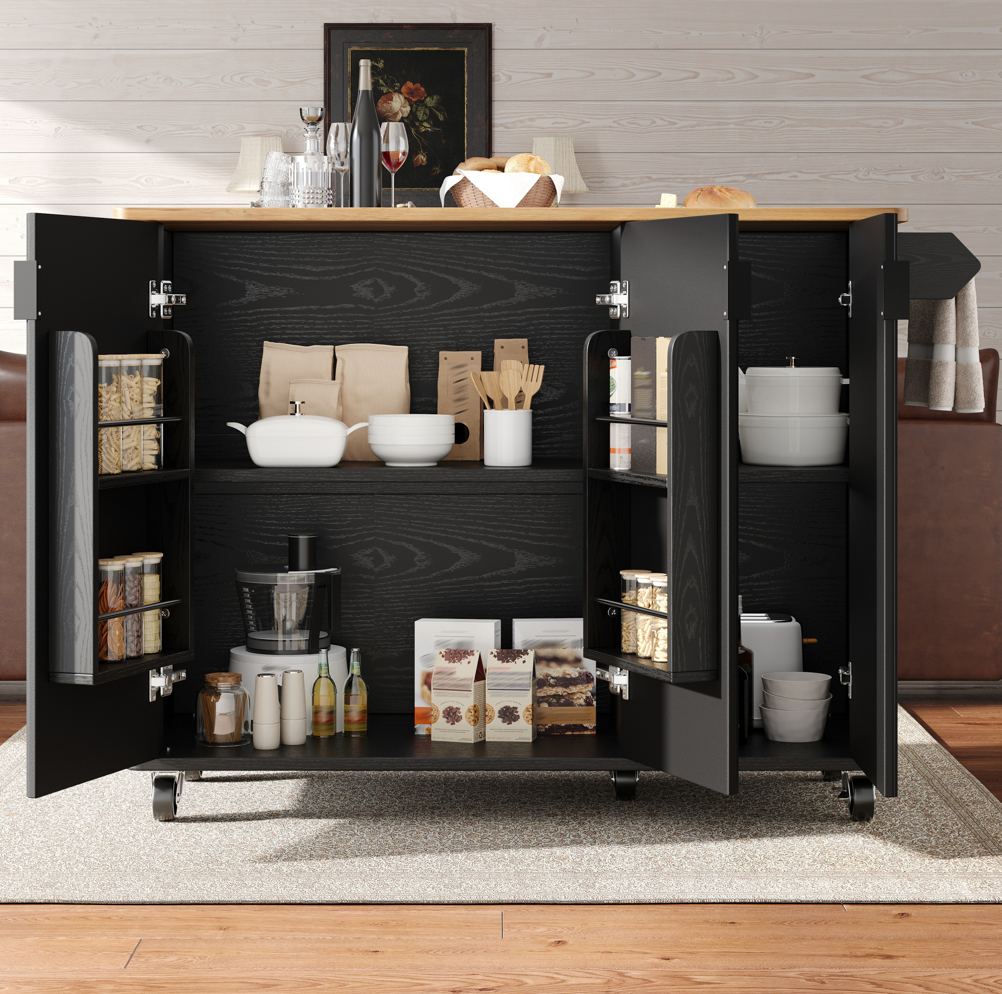 Kücheninsel 130x45x92 Cm Schwarz Mdf Mit Klappbarer Arbeitsplatte, 3 Türen Und Rollen