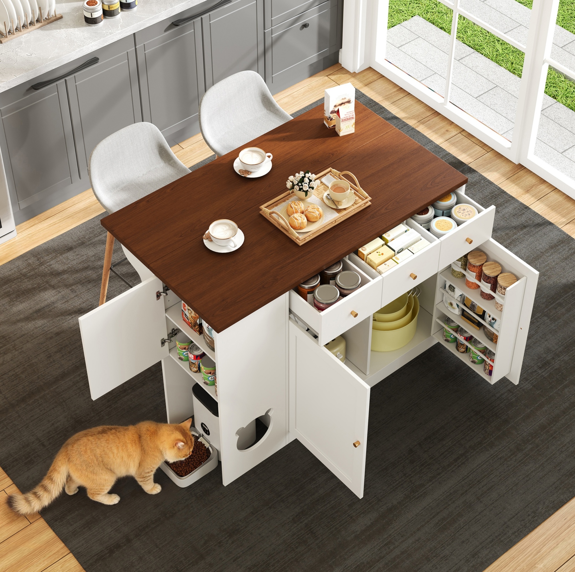 Kücheninsel 120x40x90 Cm Weiß Und Walnussfarben Aus Mdf Mit Ausziehbarer Arbeitsplatte Und Katzenbereich