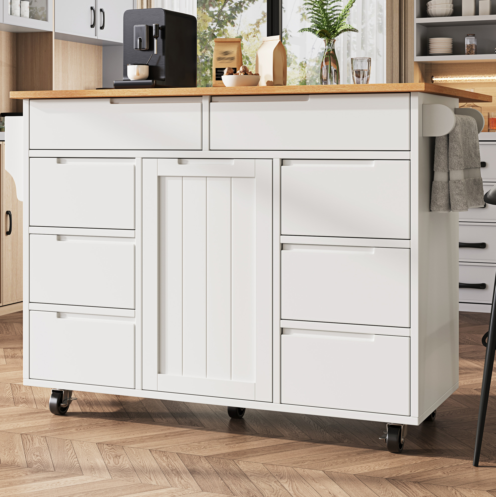 Kücheninsel 122x74.5x91.5 Cm Weiß Aus Mdf Mit Klappbarer Tischplatte, 8 Schubladen Und Rollen