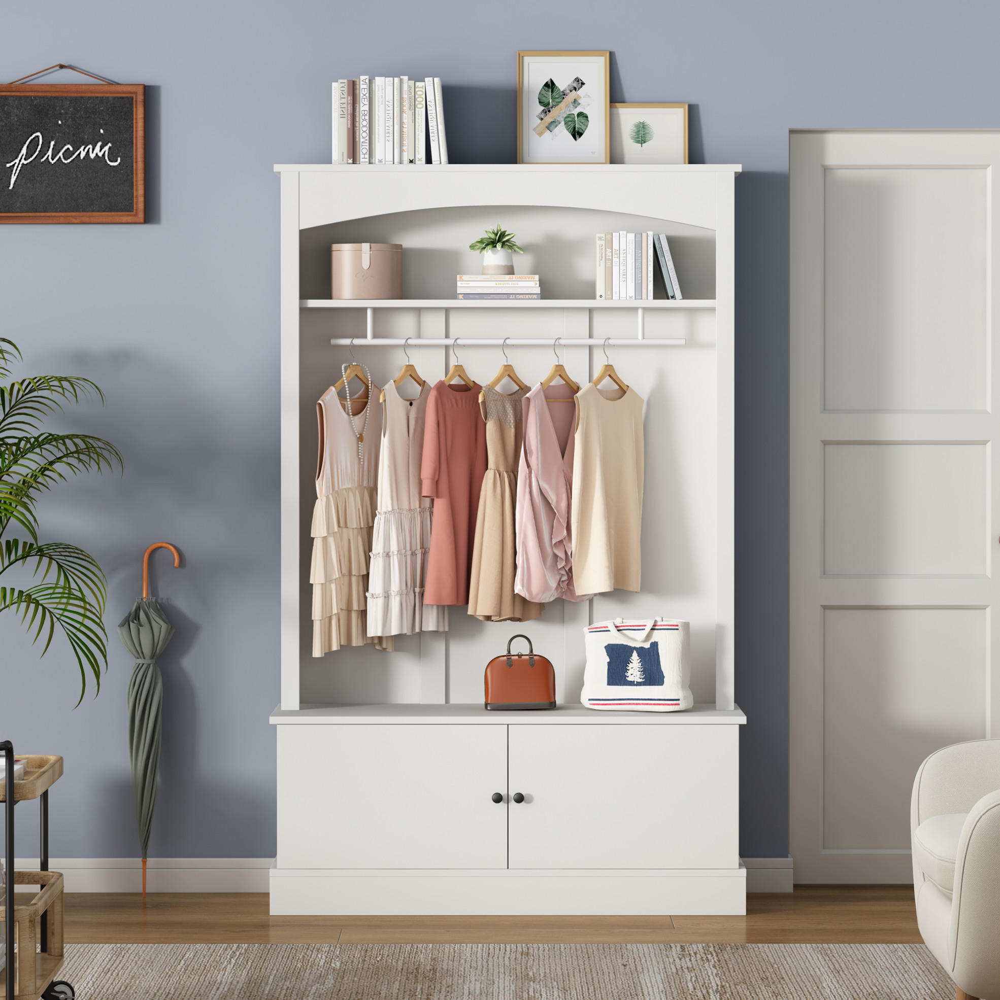 Garderobenschrank 120x40x190 Cm Weiß Aus Spanplatte Mit Sitzbank, Schuhregal Und Verstellbaren Fächern