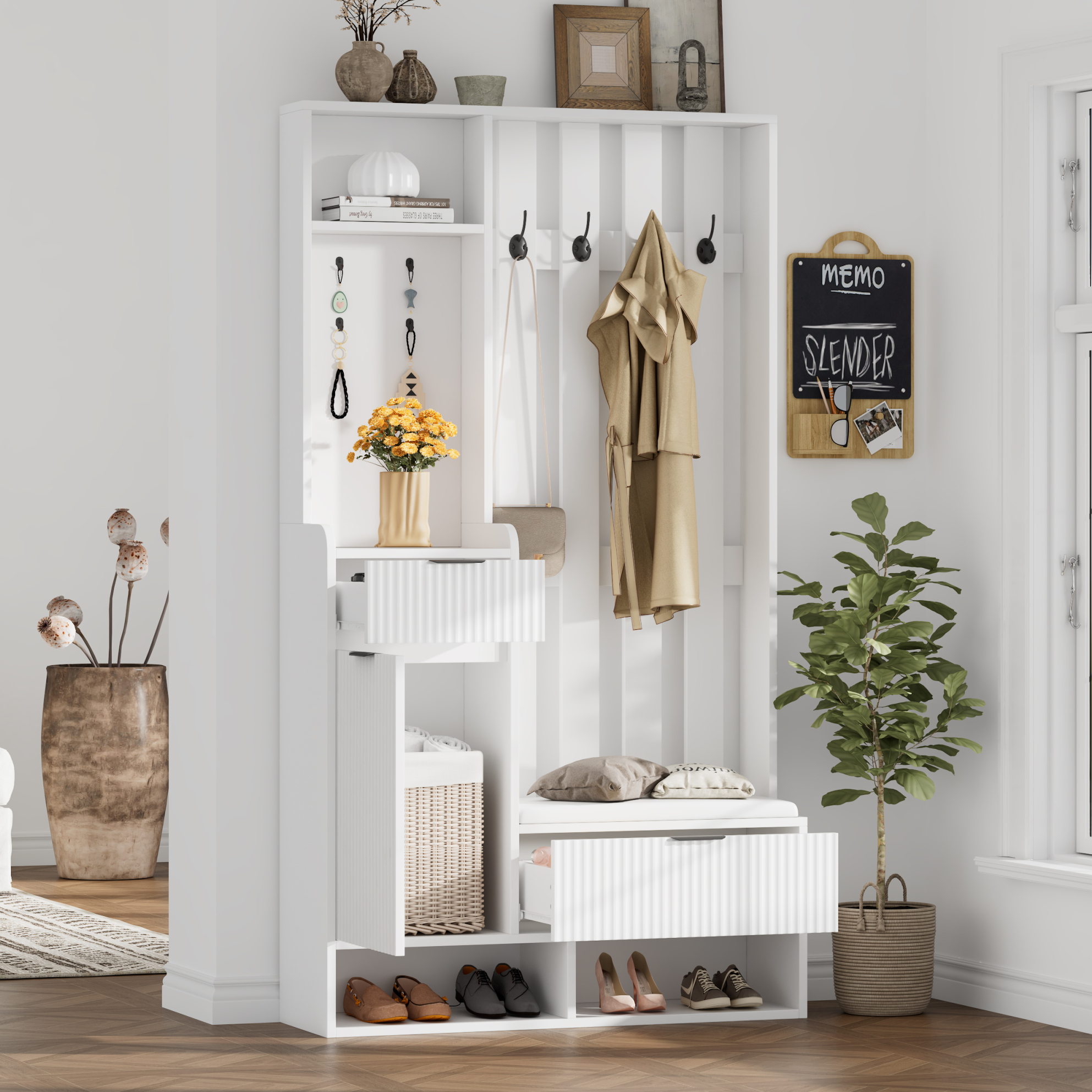 Garderobenset 100x30x180 Cm Weiß Aus Spanplatte Mit Sitzbank, 8 Haken, Schubladen, Schrank Und Kippschutz