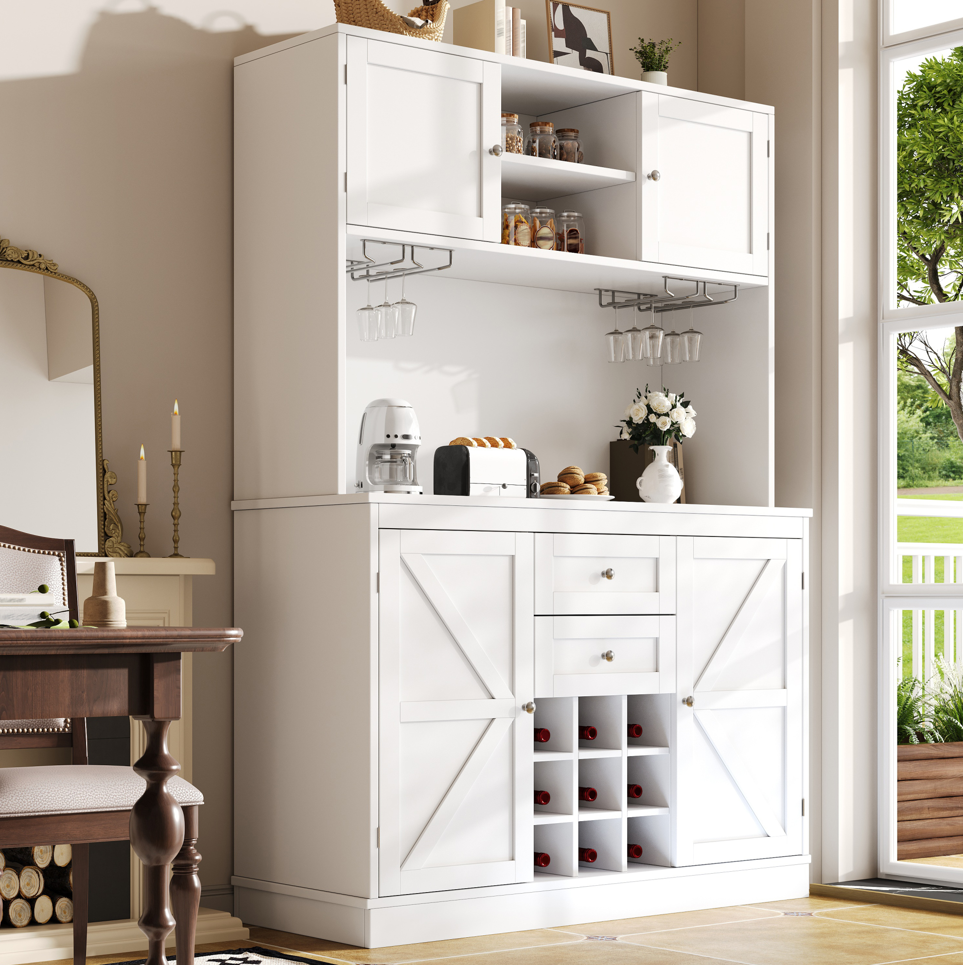 Küchenbuffet 120x40x188 Cm Weiß Mdf Und Metall Mit Verstellbaren Ablagen, Weinregal Und Kippschutz