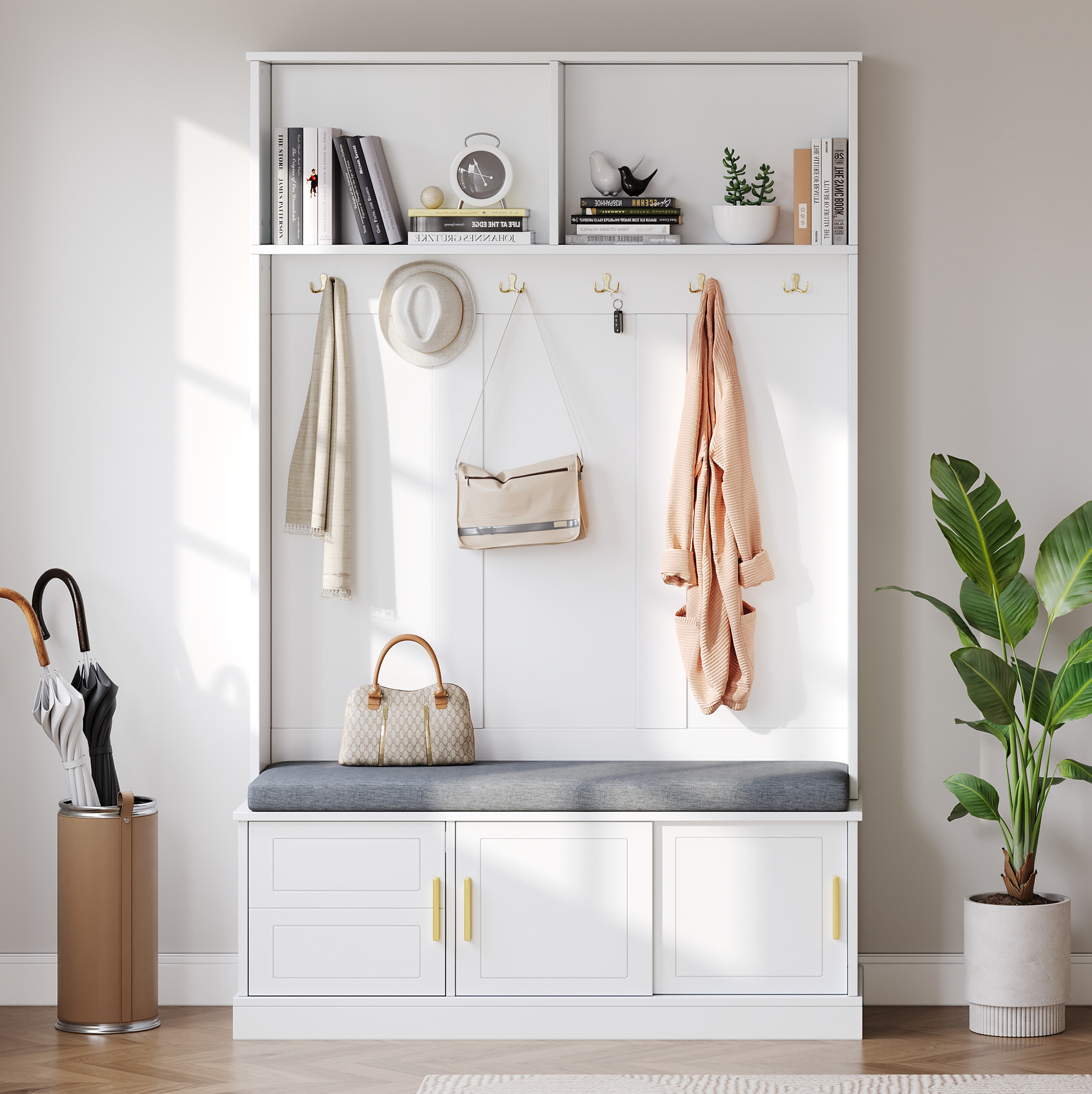 Garderobenständer 120x40x191 Cm Weiß Aus Spanplatte Mit Sitzbank, Schuhregal Und 6 Haken