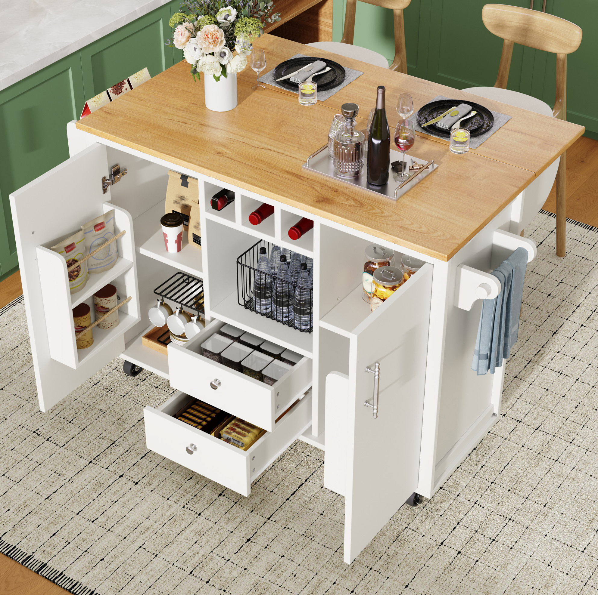 Kücheninsel 137.9x73x92.2 Cm Weiß Aus Mdf Und Metall Mit Klappbarer Arbeitsplatte Und Rollen