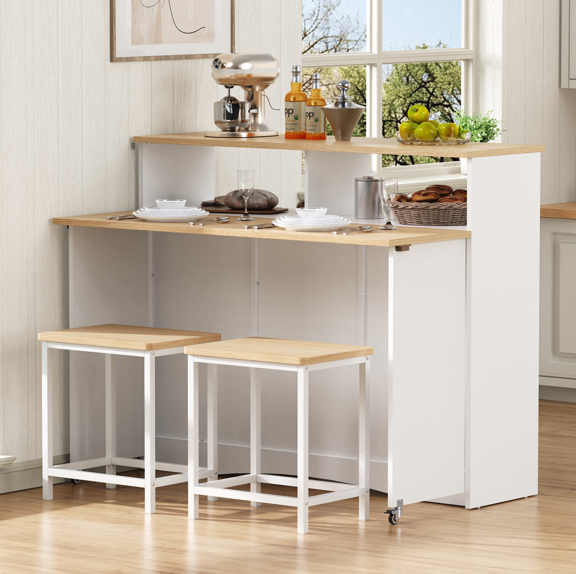 Kücheninsel 110x34-68x97.5 Cm Weiß Mdf Mit Klappbarer Arbeitsplatte, Rollen, Stauraum Und 2 Hockern