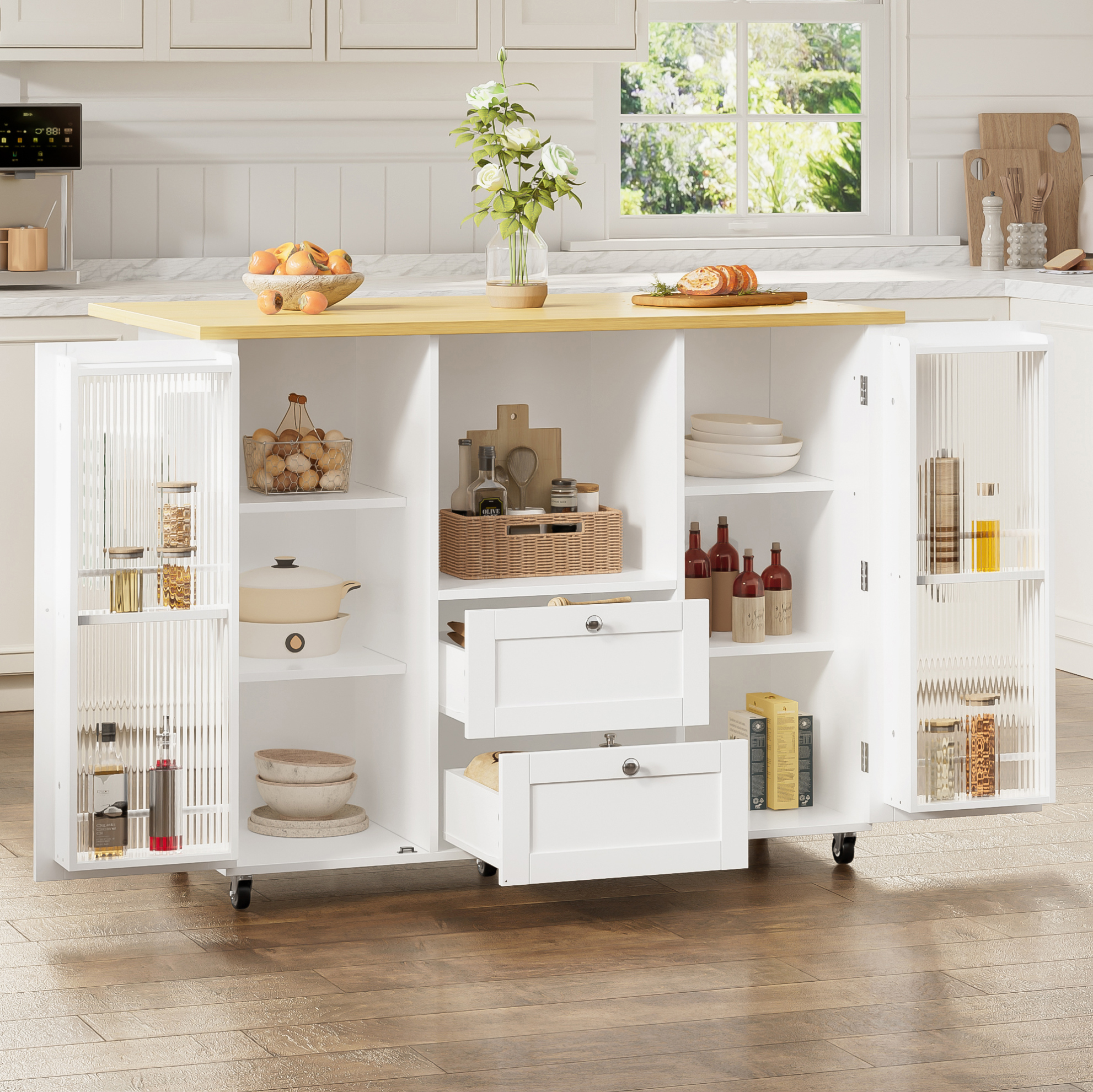 Kücheninsel 120x45x92 Cm Naturweiß Mdf Mit Klappbarer Arbeitsplatte Und Rollen