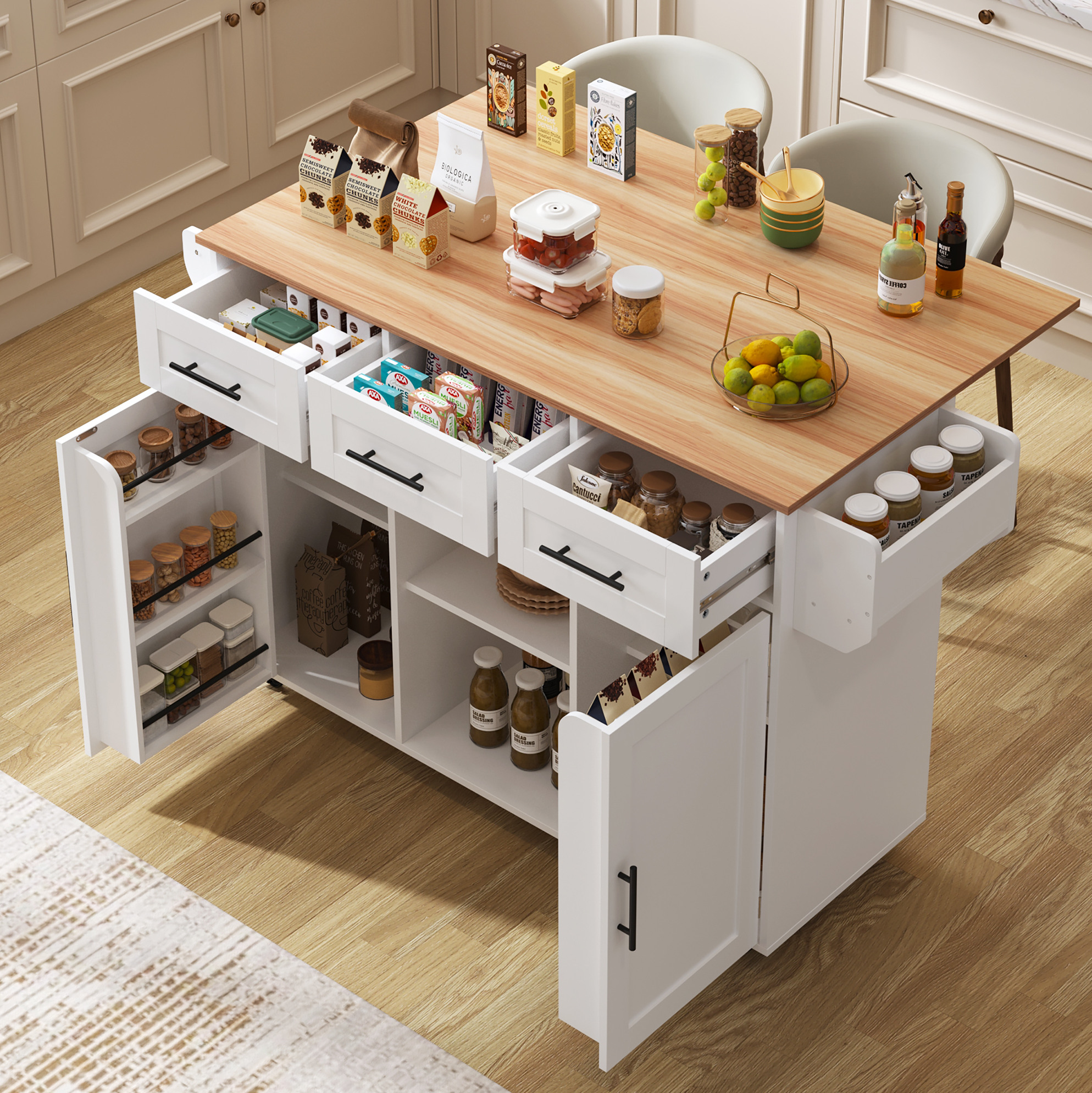 Küchenwagen 139x46(71)x91.5 Cm Weiß Aus Mdf Mit Klappbarer Arbeitsplatte, Rollen Und Stauraum