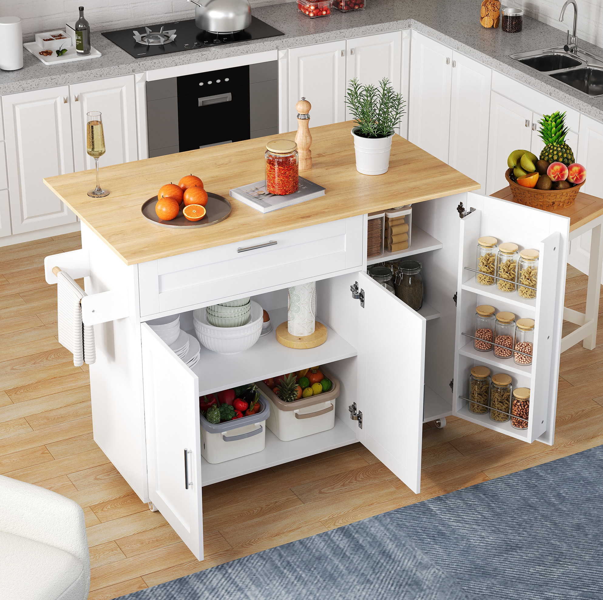 Küchenwagen 132.5x44x90 Cm Weiß/natur Aus Mdf Mit Klappbarer Arbeitsplatte, Stauraum Und 5 Rollen
