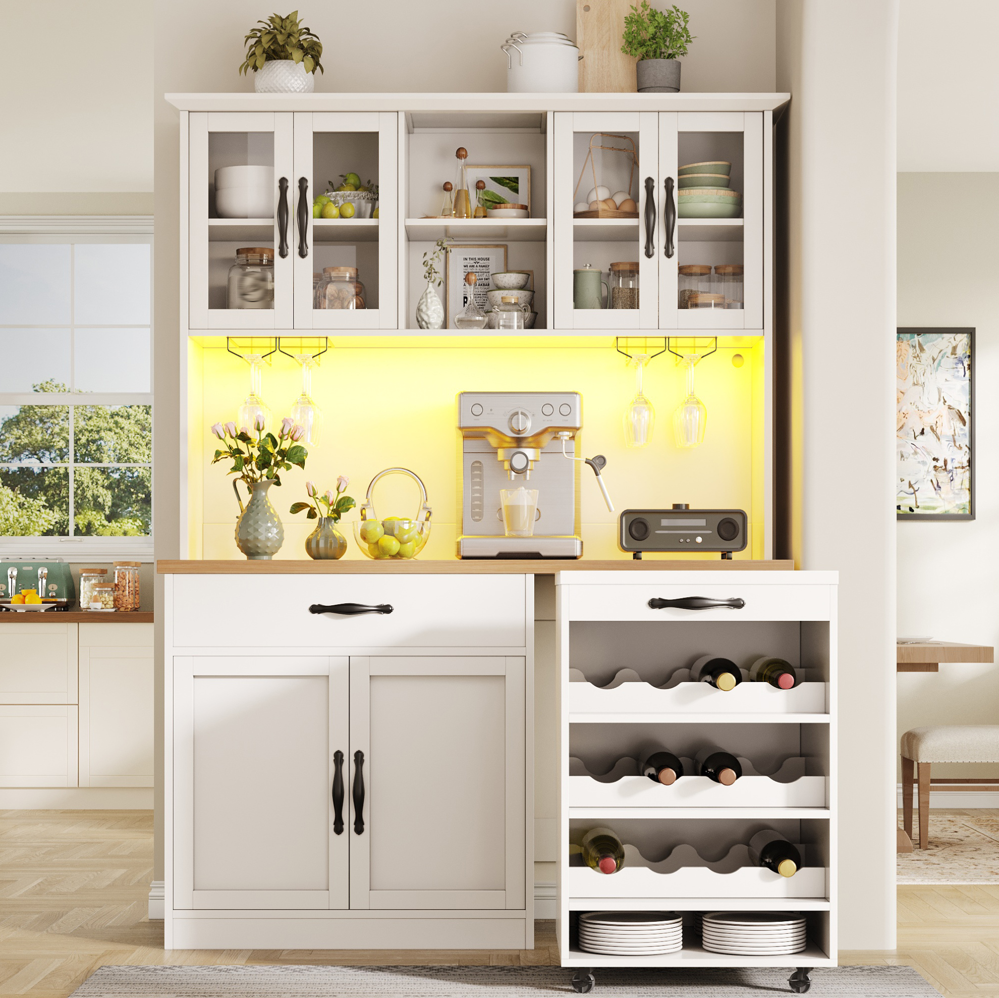 Buffetschrank 140x38x180 Cm Weiß Aus Mdf Mit Led-beleuchtung, Rollwagen Und Weinregal