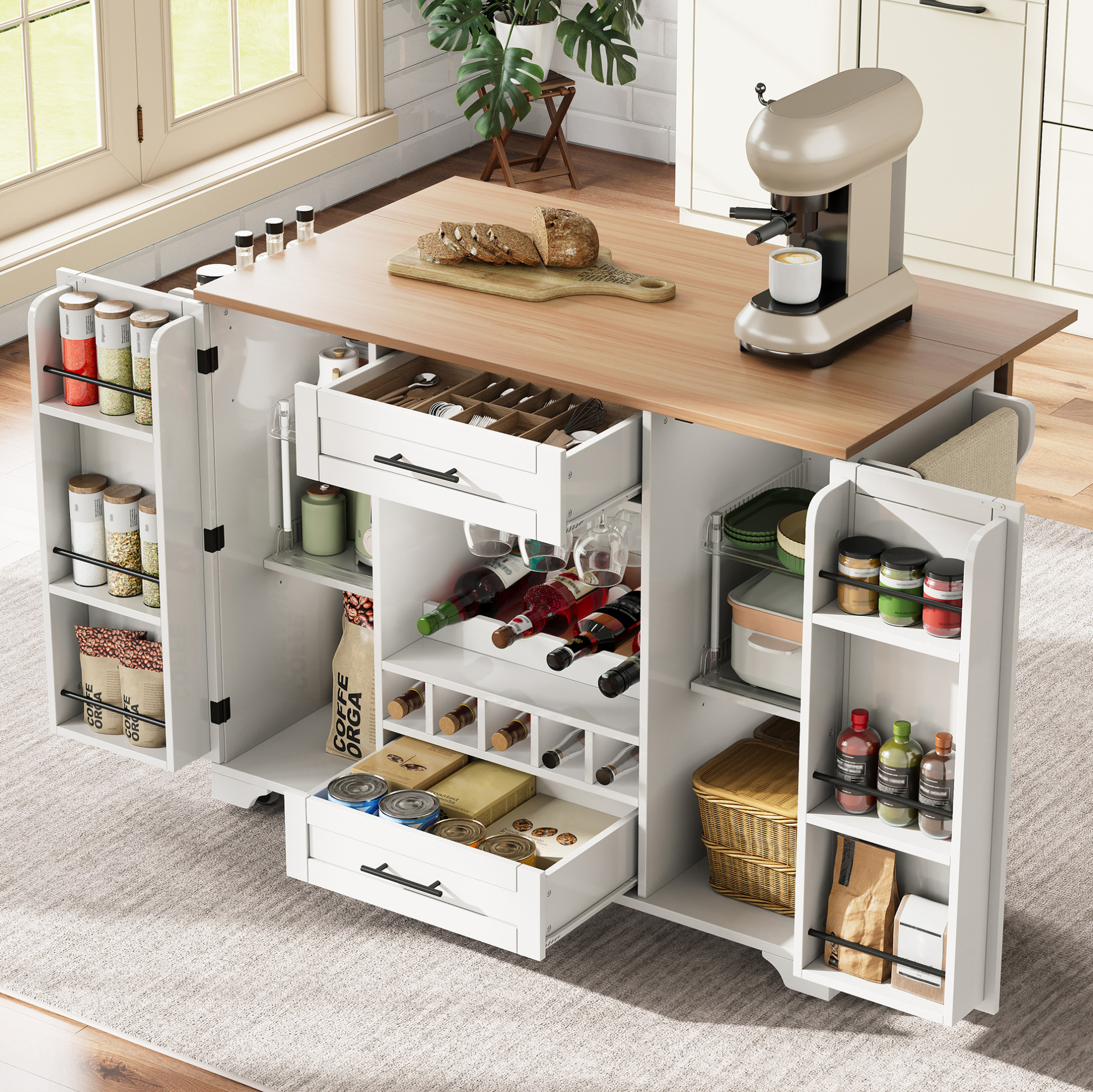 Küchenwagen 138x45/70x92 Cm Weiß/natur Aus Mdf Mit Klappbarer Arbeitsplatte, Rollen, Weinregal Und Schränken
