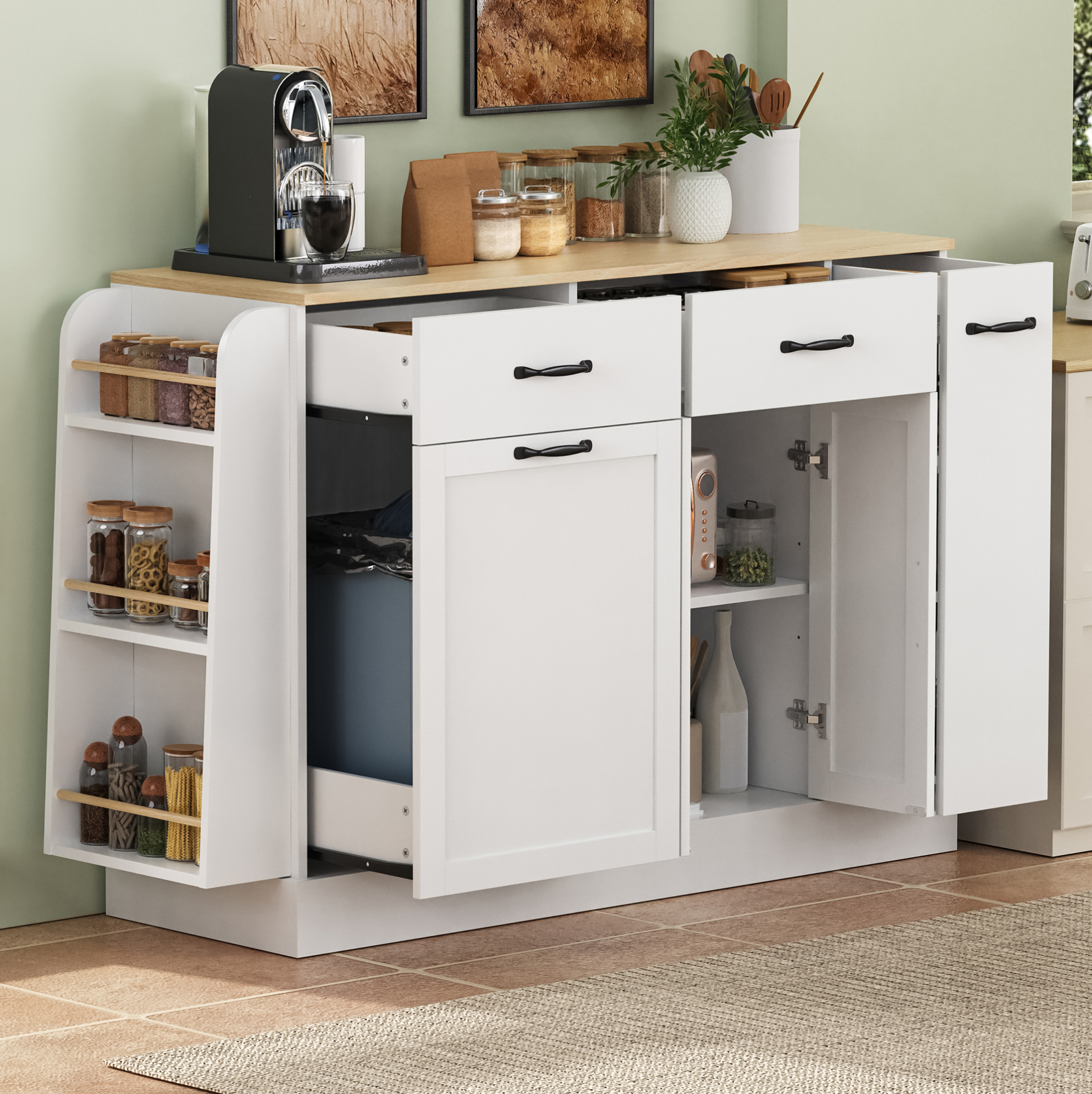 Sideboard 133.5x40x86 Cm Weiß Mdf Mit Mülleimerfach, Gewürzregal Und Stauraum