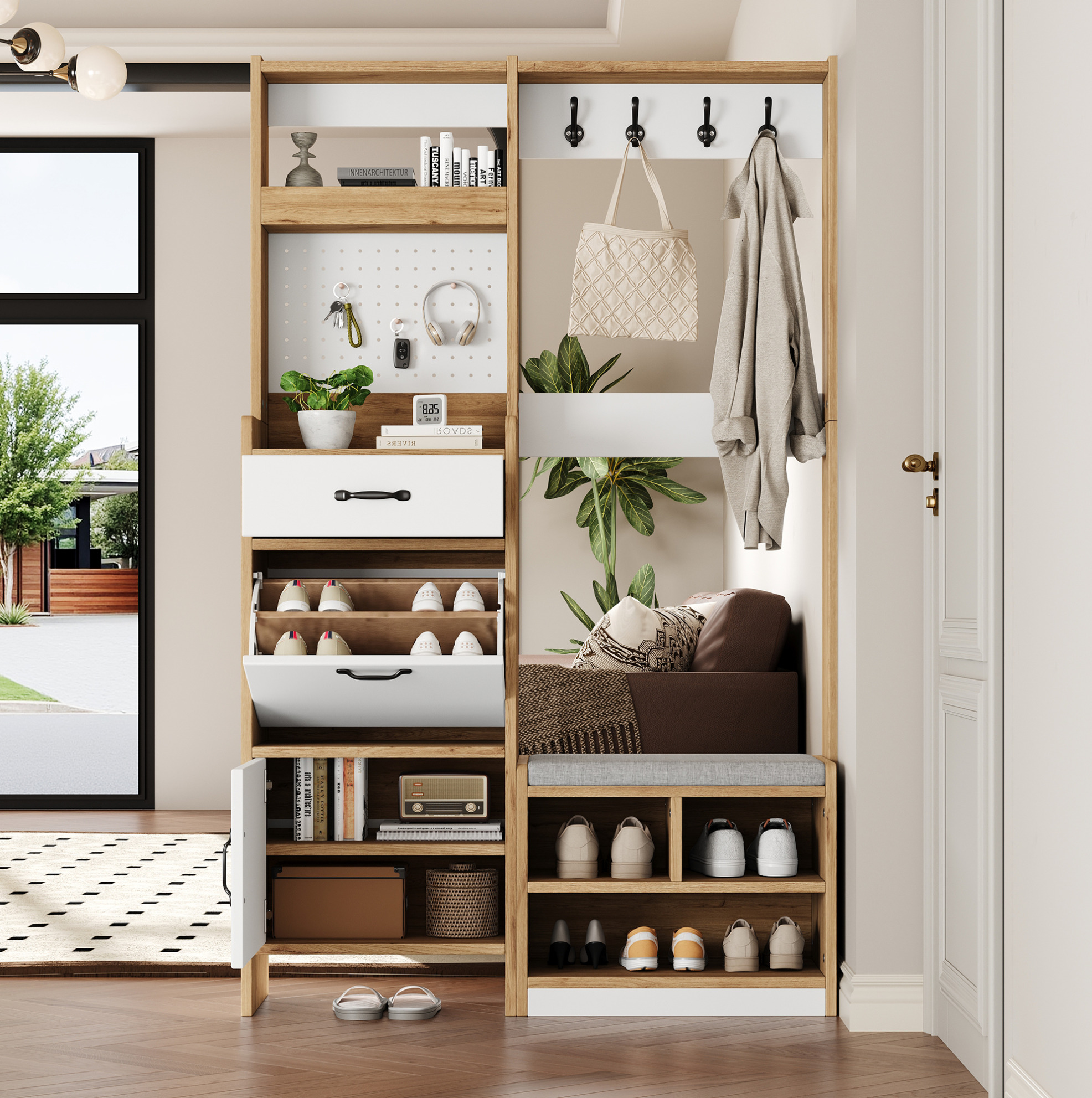 Flurgarderobe 108.5x35x180 Cm Weiß/eichefarben Aus Spanplatte Mit Sitzbank, Schuhkipper Und Stauraum