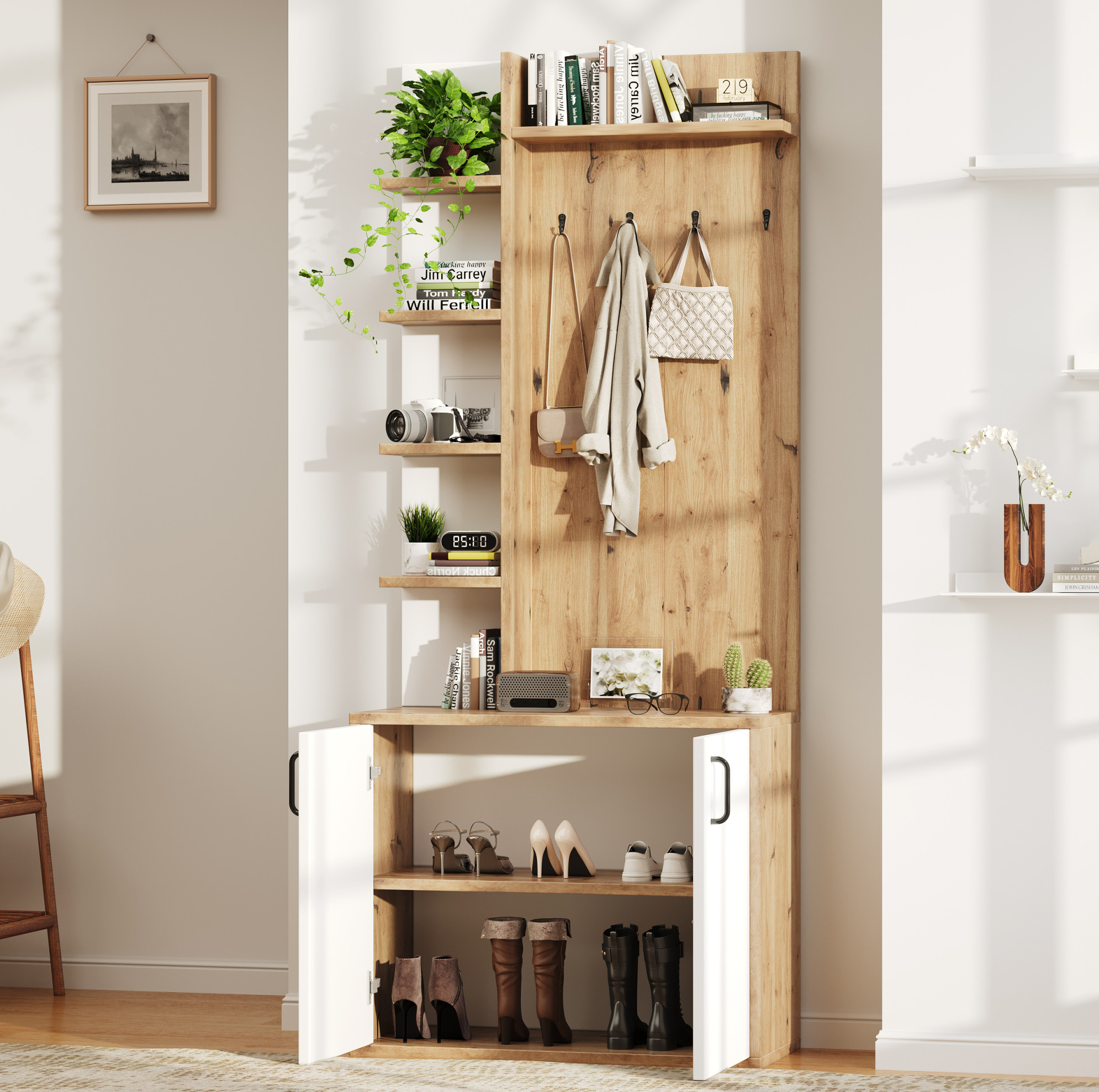 Garderobenschrank 75x33x180 Cm Naturholz/weiß Aus Spanplatte Mit 6 Offenen Ablagen Und Geschlossenem Schuhschrank