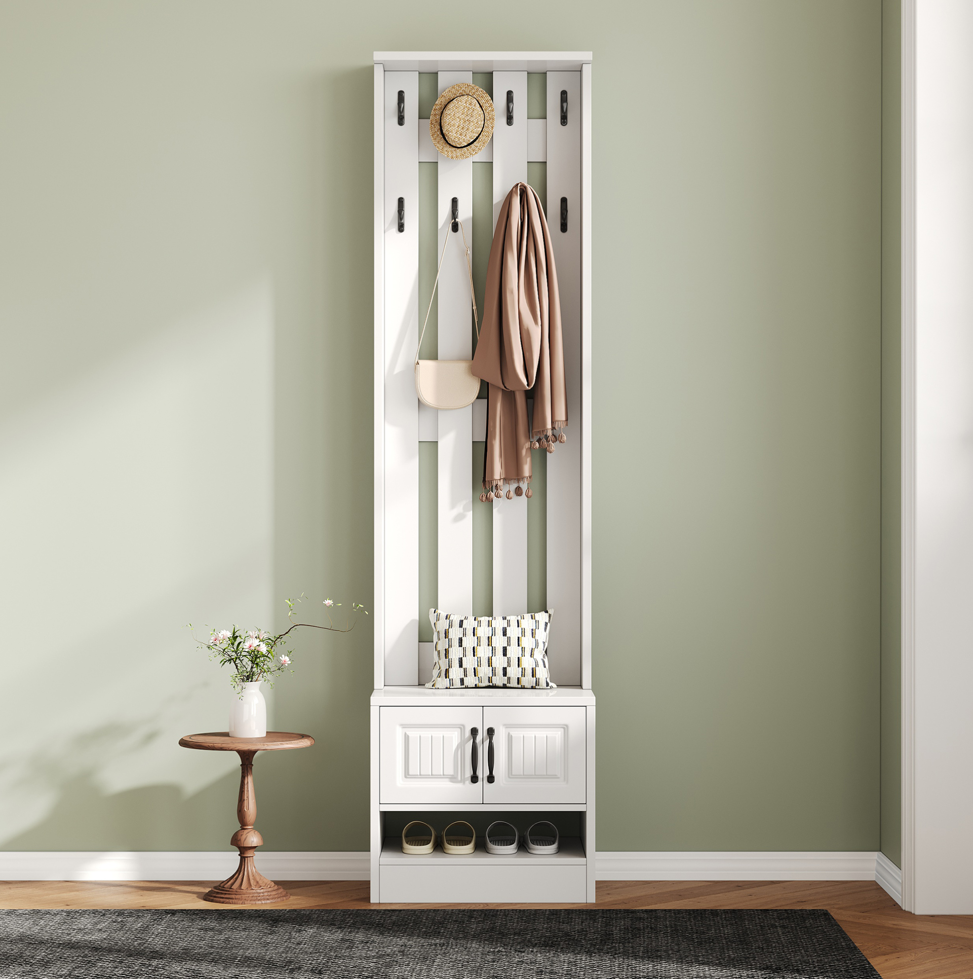 Schuhschrank 50x36x190 Cm Weiß Aus Spanplatte Mit Sitzbank, 2 Türen Und 8 Haken