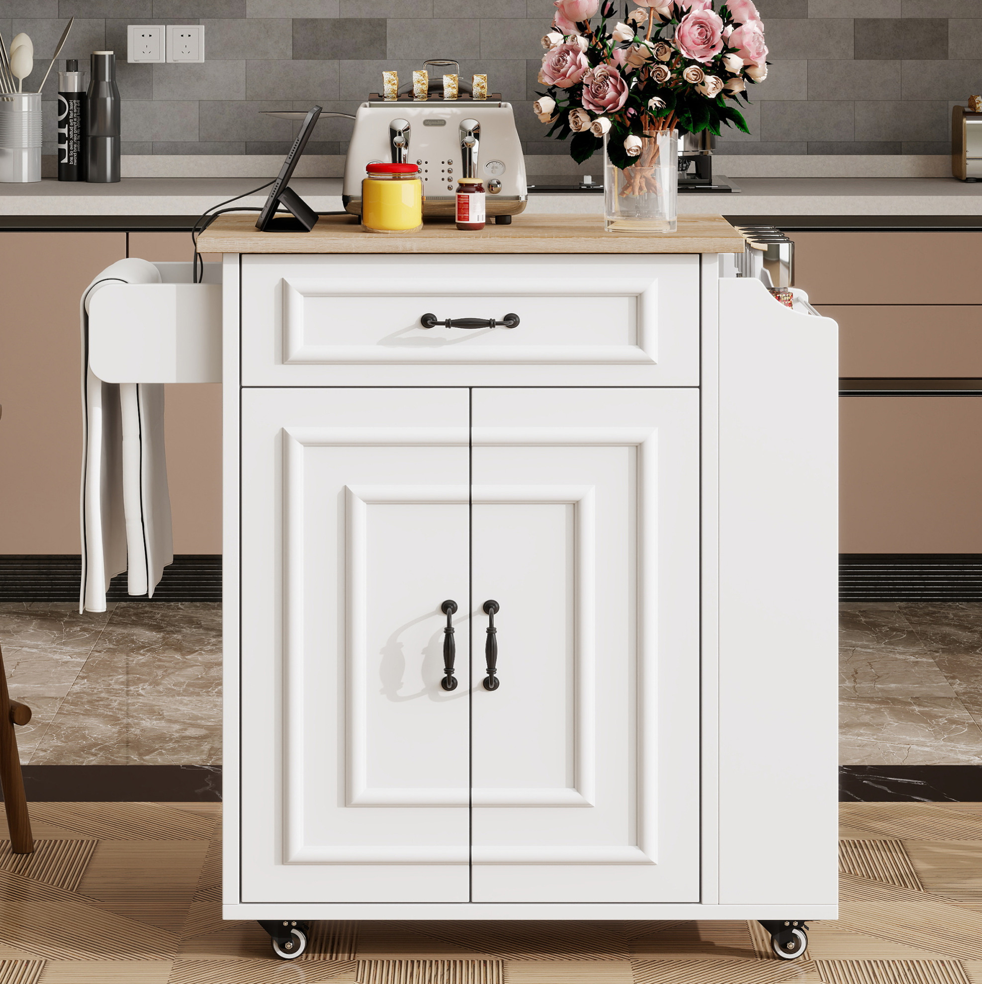 Küchenwagen 66x40x90 Cm Weiß Mdf Mit Klappbarer Arbeitsplatte, Rollen, Schrank Und Schublade