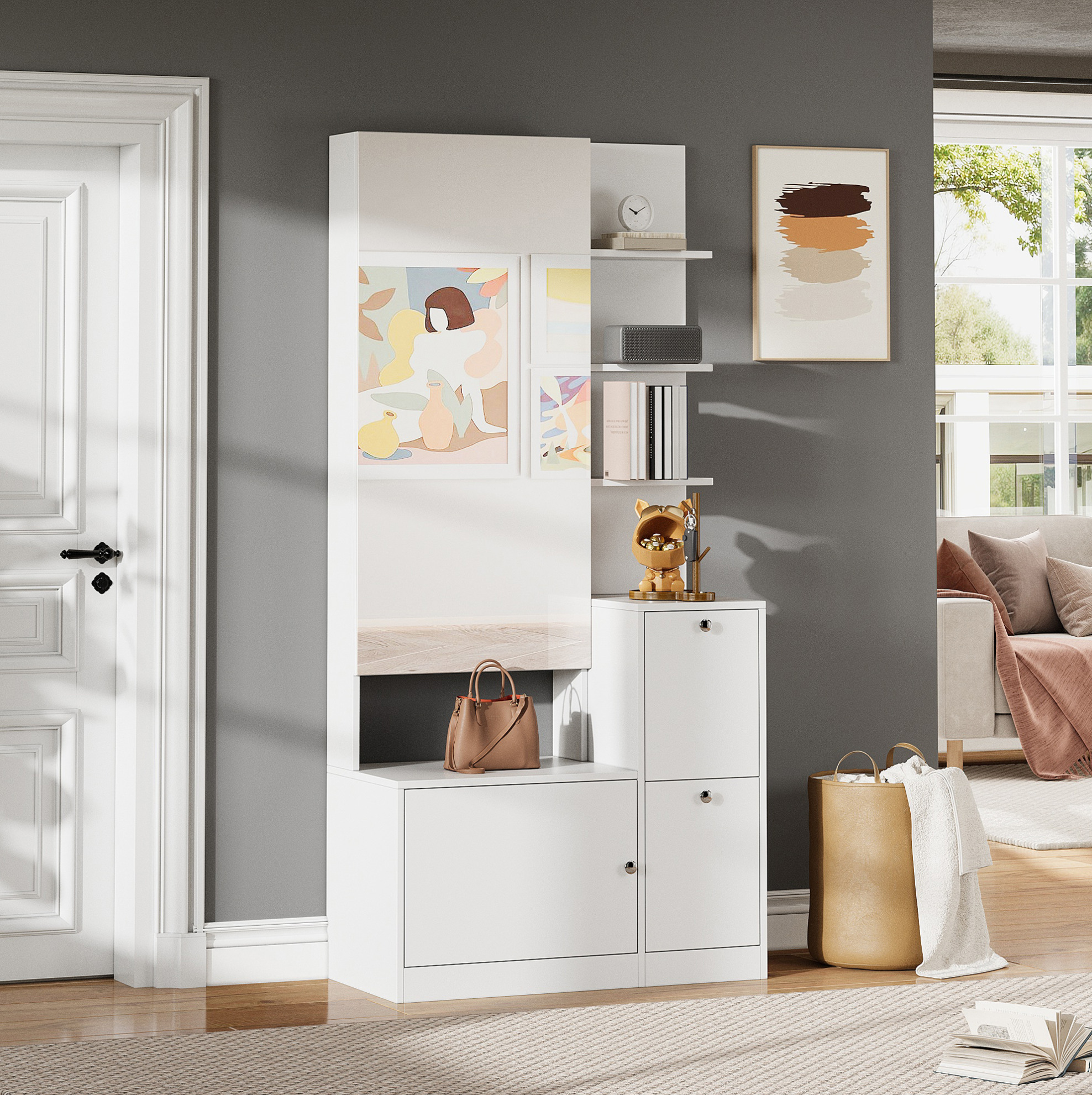 Flurschrank 85x40x180 Cm Weiß Spanplatte Mit Spiegel, 2 Türen, Schuhschrank Und 5 Offenen Ablagen