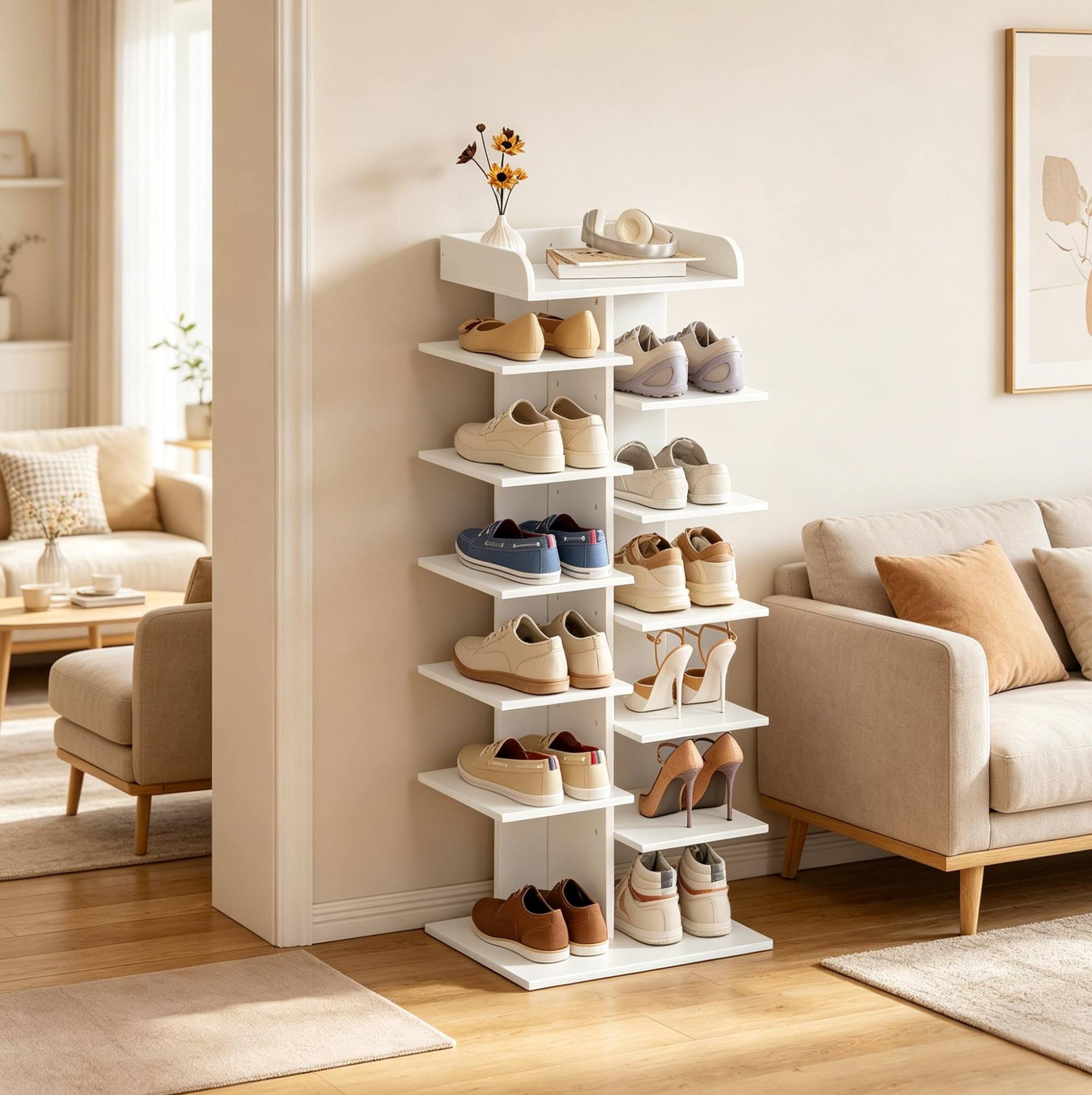 Schuhschrank 40x30x114 Cm Weiß Aus Spanplatte Mit 12 Offenen Fächern
