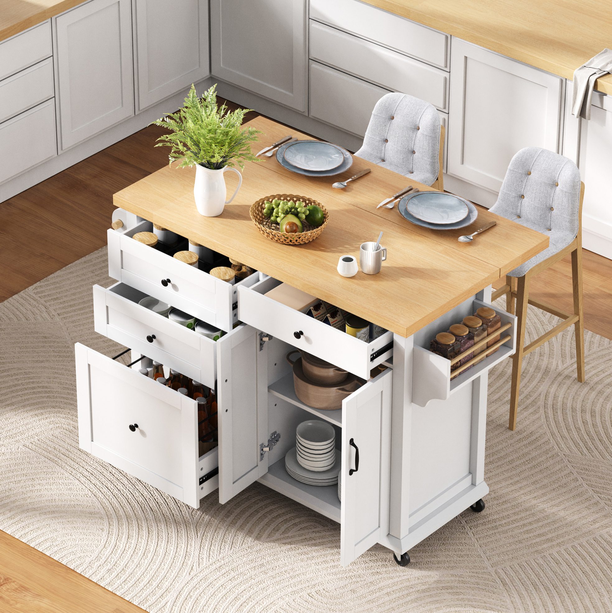 Kücheninsel 107x45-70x90.5 Cm Weiß Und Natur Aus Mdf Mit Rollen Und Ausziehbarer Arbeitsplatte