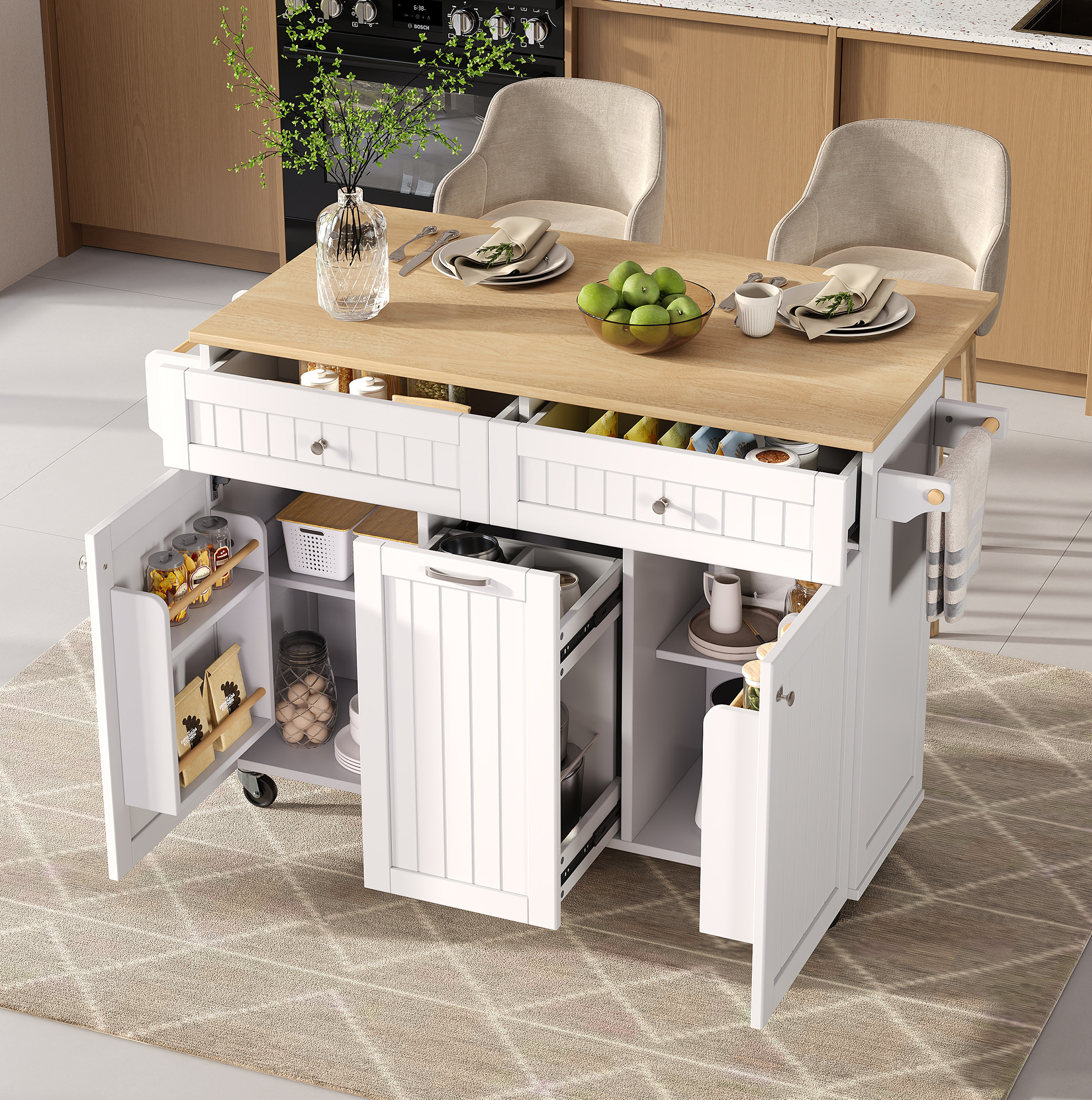 Kücheninsel 140x40-70x92 Cm Weiß/natur Mdf Mit Rollen, Klappbarer Ausziehplatte Und Stauraum