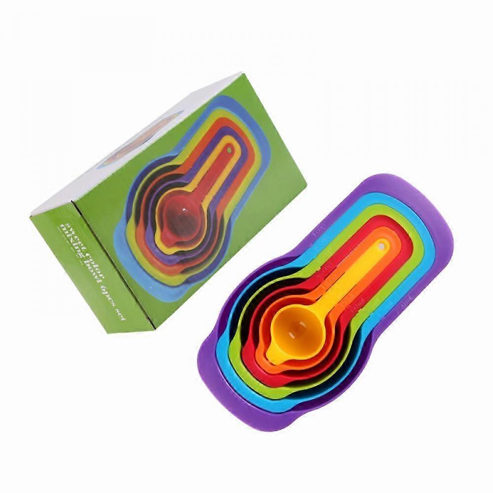 Set Mit 6 Regenbogen-messbechern, Messlöffeln, Backutensilien, Gewürzlöffeln, Milchpulverlöffel Und Teelöffeln Aus Kunststoff.