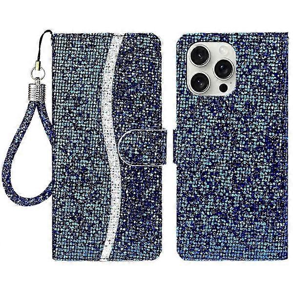 Brieftaschenhülle Aus Pu-leder Für Iphone 16 Pro Mit Kartenfach Und Blauem Glitzer