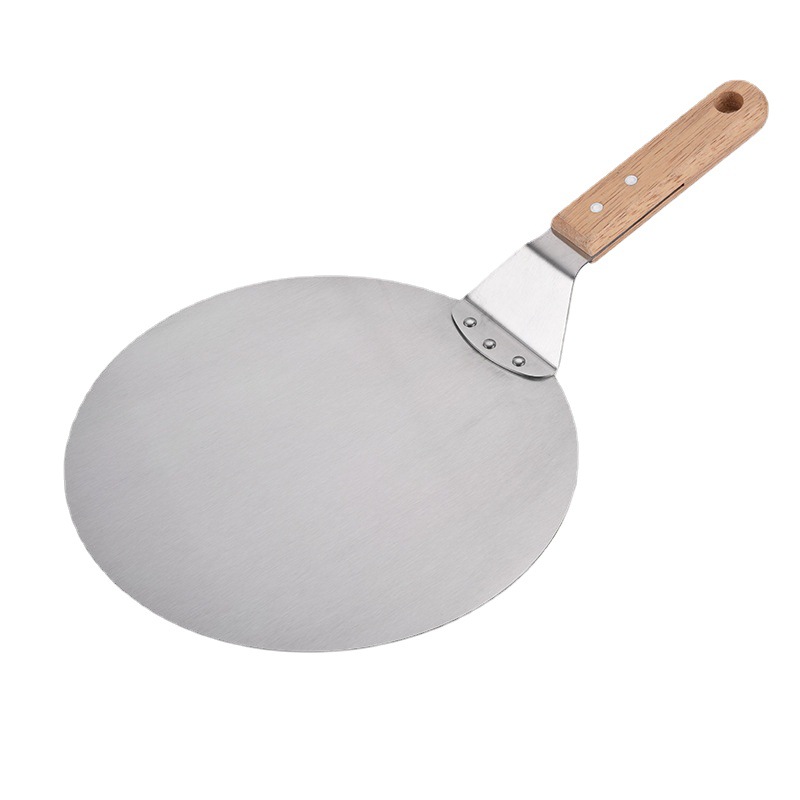 Runde Pizzaschaufel Aus Metall, Leder Und Edelstahl, Große Pizzaschaufel Mit Holzgriff Zum Backen Von Hausgemachten Pizzen Und Zum Servieren Von Brot Oder Käse.