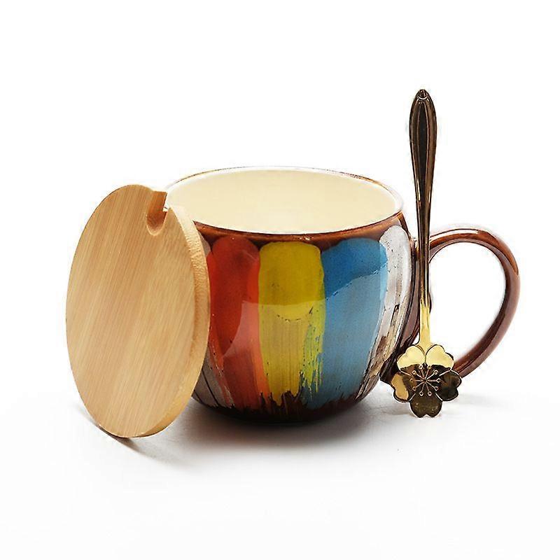 Kaffeebecher, 480 Ml, Keramik, Mit Reisdeckel Und Goldenem Löffel.