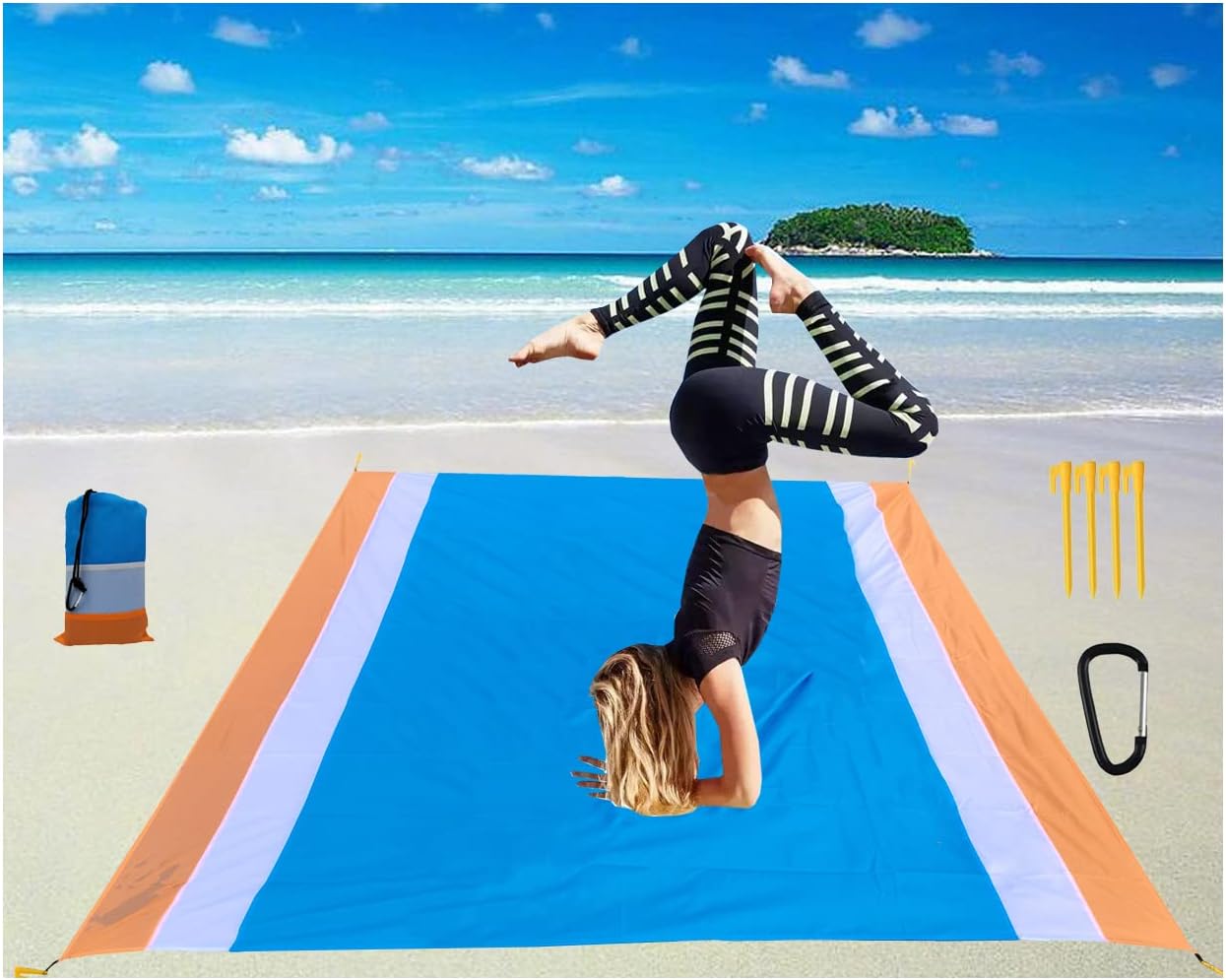 Stranddecke (200 X 210 Cm), Wasserdichte Und Sanddichte Stranddecke Für 1–6 Erwachsene, Leicht Und Praktisch, Geeignet Für Reisen, Camping, Wandern, Picknick (blau/weiß/orange Gestreift)