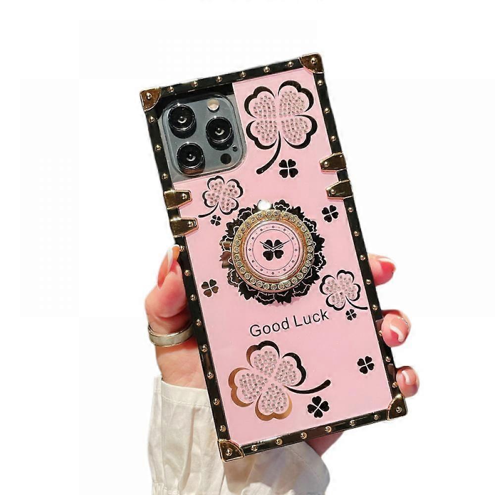 Quadratische, Pinkfarbene Hülle Für Iphone 13 Pro Max, Luxuriöses Kleeblattmuster, Stoßfester Schutz, Extrem Widerstandsfähige Handyhülle Mit Ständerring