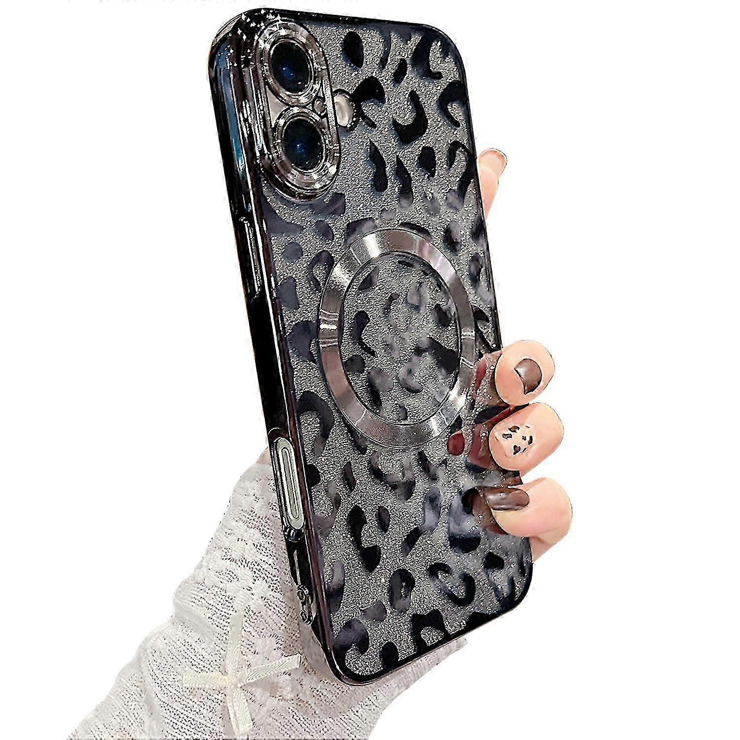 Coque Pour Iphone 16 Plus Compatible Magsafe, Antichoc, Fine, Motif Léopard/guépard, Noir Pailleté, 6,7 Pouces (rn)