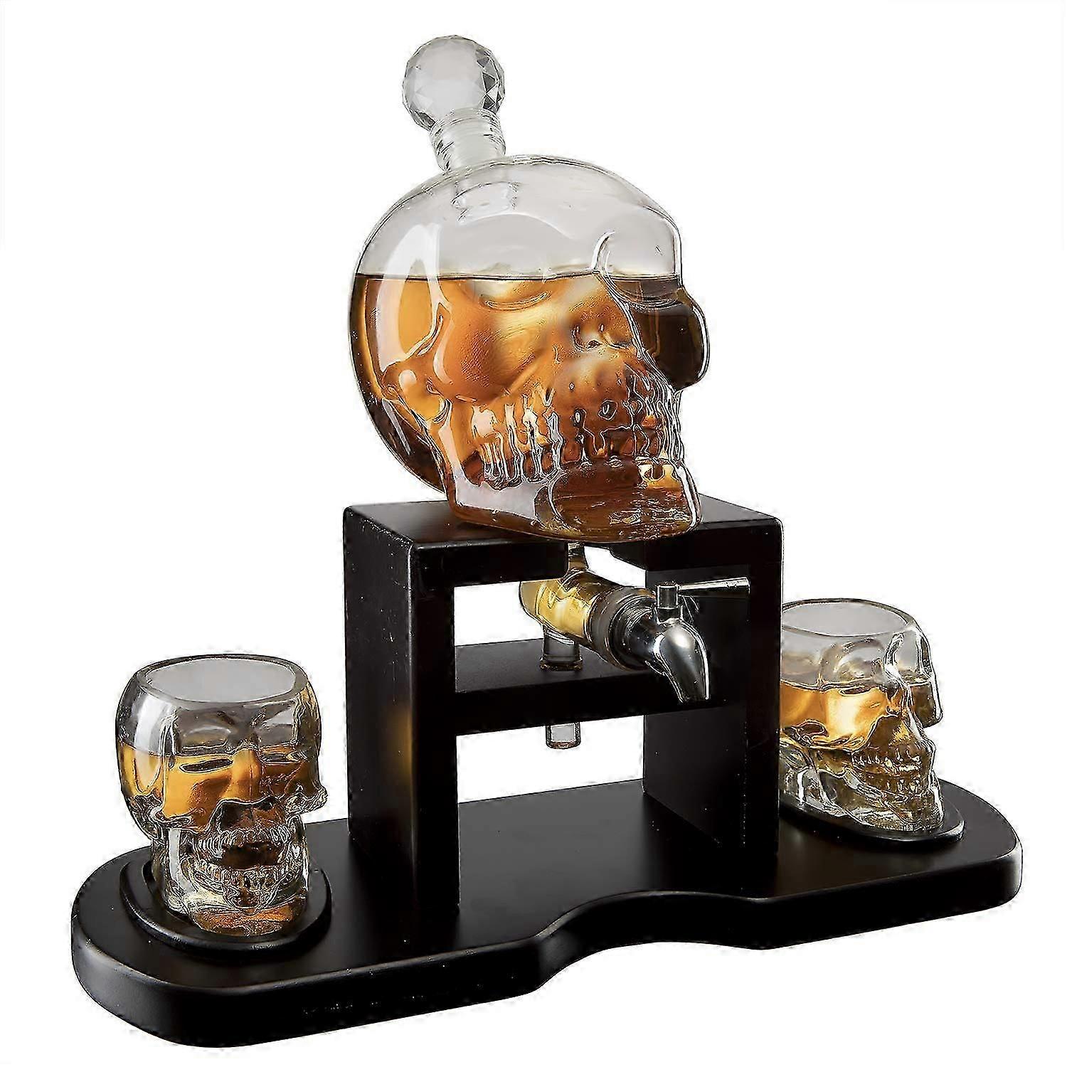 Ensemble Carafe À Whisky Et Crâne (750 Ml) Avec 2 Verres À Shot En Forme De Crâne, Socle En Acajou Et Robinet Décoratif.