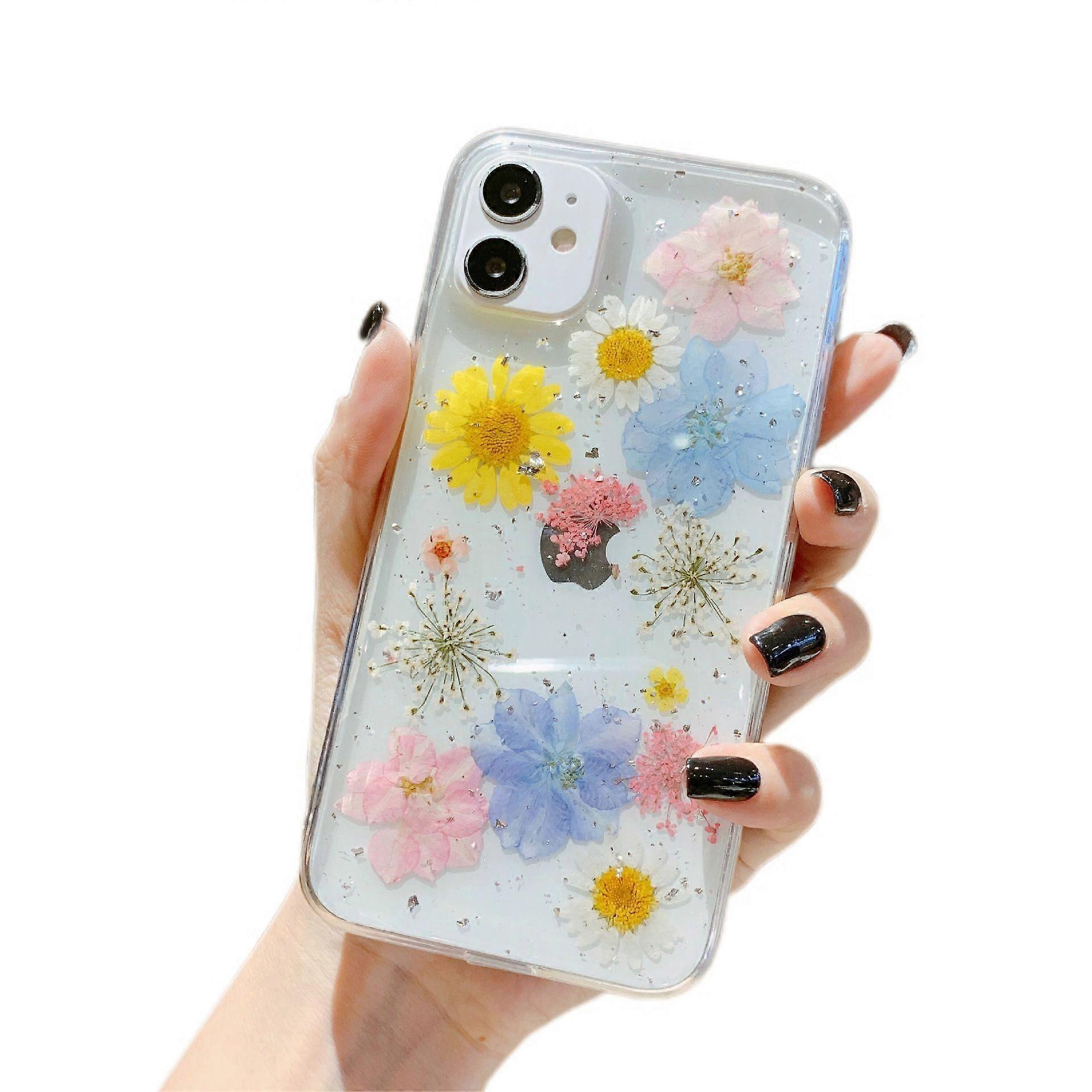 Iphone 12 Hülle Mit Blumenmuster, Transparent, Niedlich, Glitzernd, Mit Gepressten Trockenblumen, Aus Weichem Und Dünnem Tpu-gummi, Für Frauen Und Mädchen.