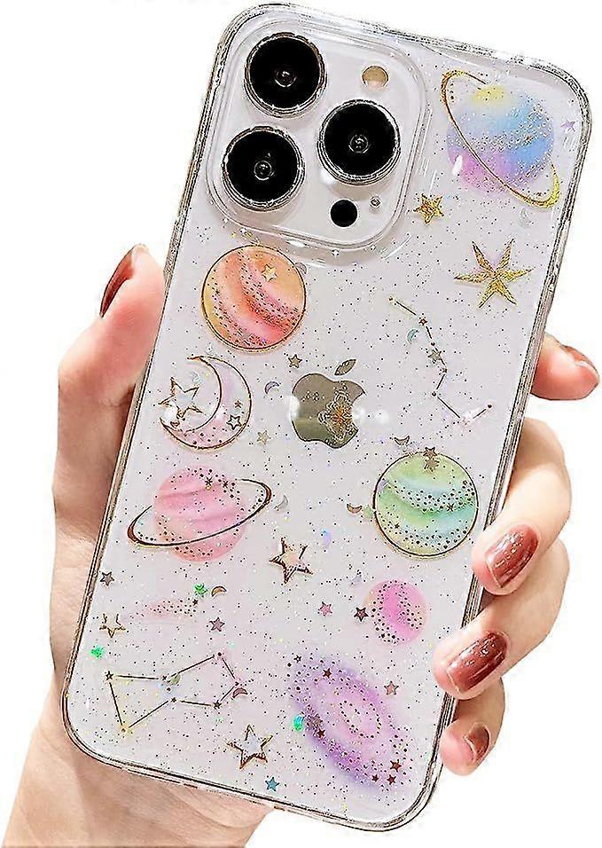 Niedliche, Transparente, Glitzernde Iphone 13 Pro Hülle Mit Planeten- Und Sternenmuster, Weltraumdesign, Dünn Und Flexibel, Aus Tup, Für Frauen Und Mädchen.