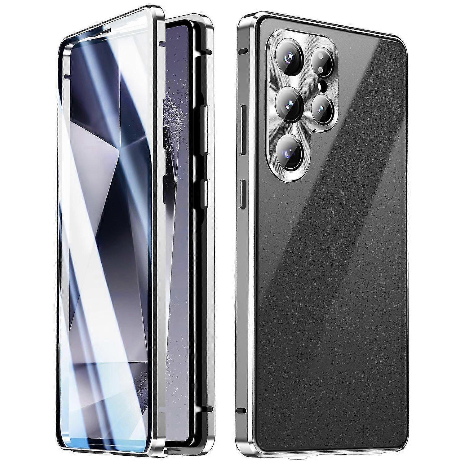 (silber) Doppelseitige Schutzhülle Für Samsung Galaxy S25 Ultra Aus Gehärtetem Glas Und Magnetischem Metall Mit Schnalle
