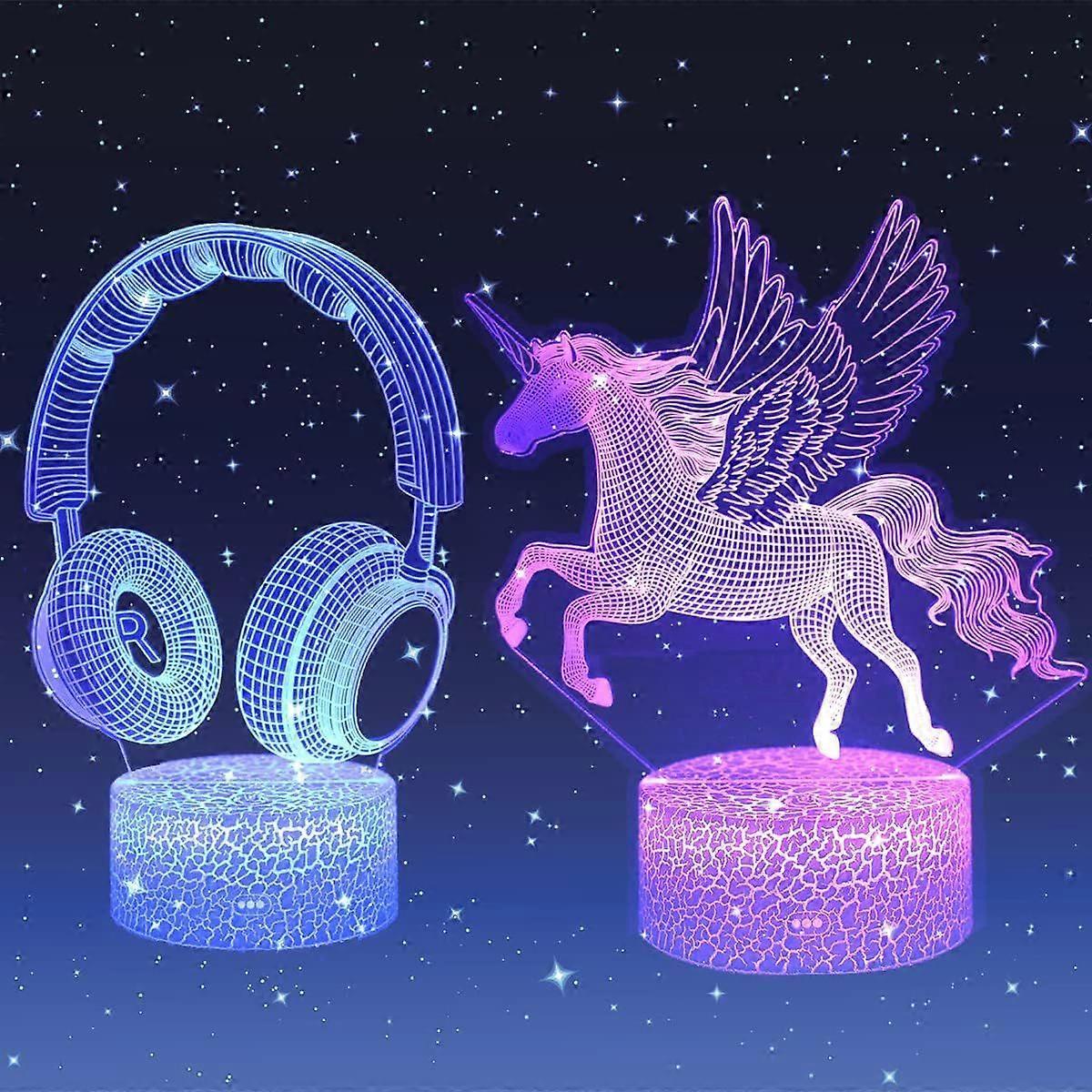 Set Aus 2 3d-nachtlichtern Mit Kopfhörern Und Einhorn, Usb-kabel, 7 Wechselnde Farben, 3d-illusionslampe Fürs Spielzimmer.