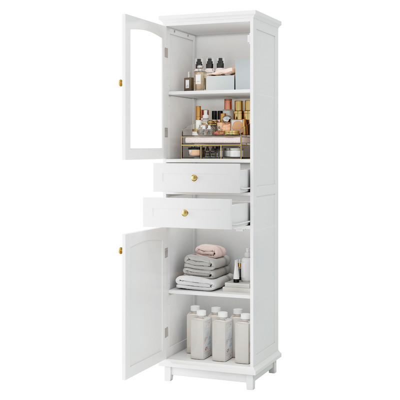 Badezimmerschrank Weiß 45x36x160 Cm, 2 Türen (glas), 2 Schubladen, Goldene Griffe, Verstellbare Böden