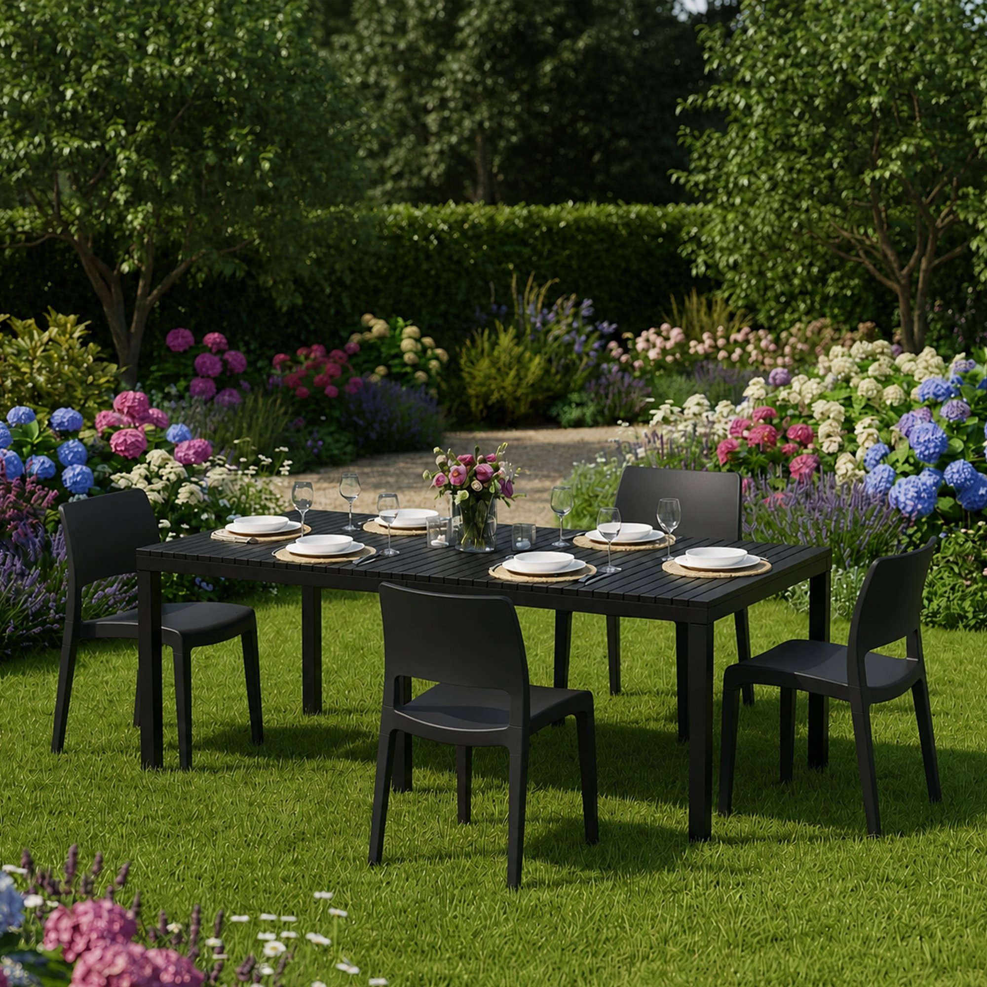 Außensitzgruppe Masisa, Outdoor-sofaset Für 4 Personen, Ausziehbarer Tisch, Made In Italy, Lattenoptik, Anthrazit