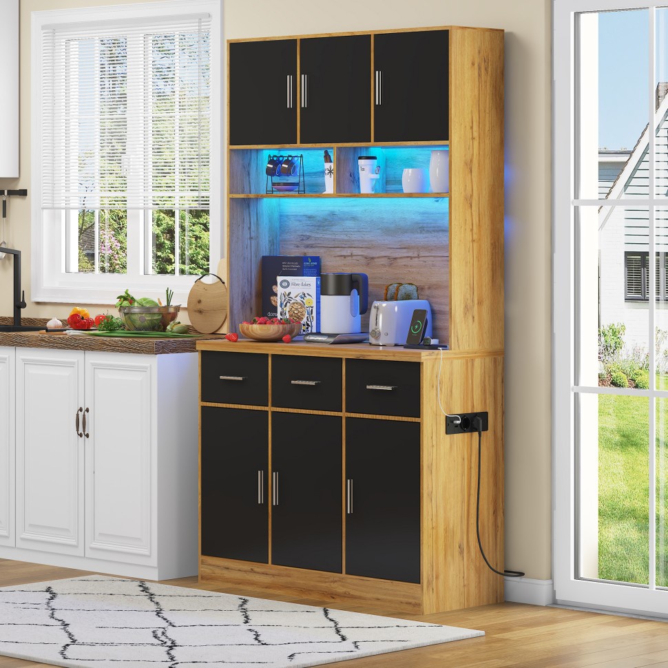 Küchenschrank – 100 X 40 X 180 Cm – Led, App, Usb-anschlüsse, 3 Schubladen, 6 Türen, Arbeitsplatte 3 Cm – Natur & Schwarz