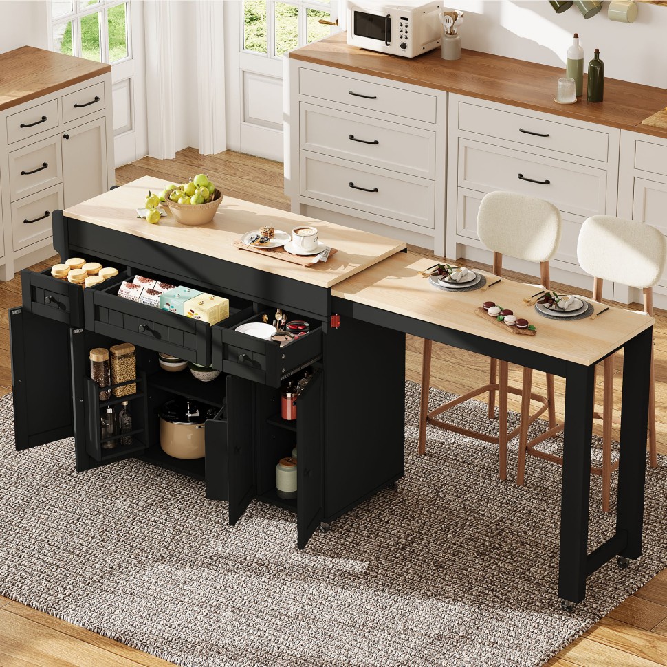 Kücheninsel Auf Rollen 137 X 45 X 92 Cm – Mobiler Serviertisch Mit Ausziehbarer Arbeitsplatte Und Stauraum – Schwarz Und Natur