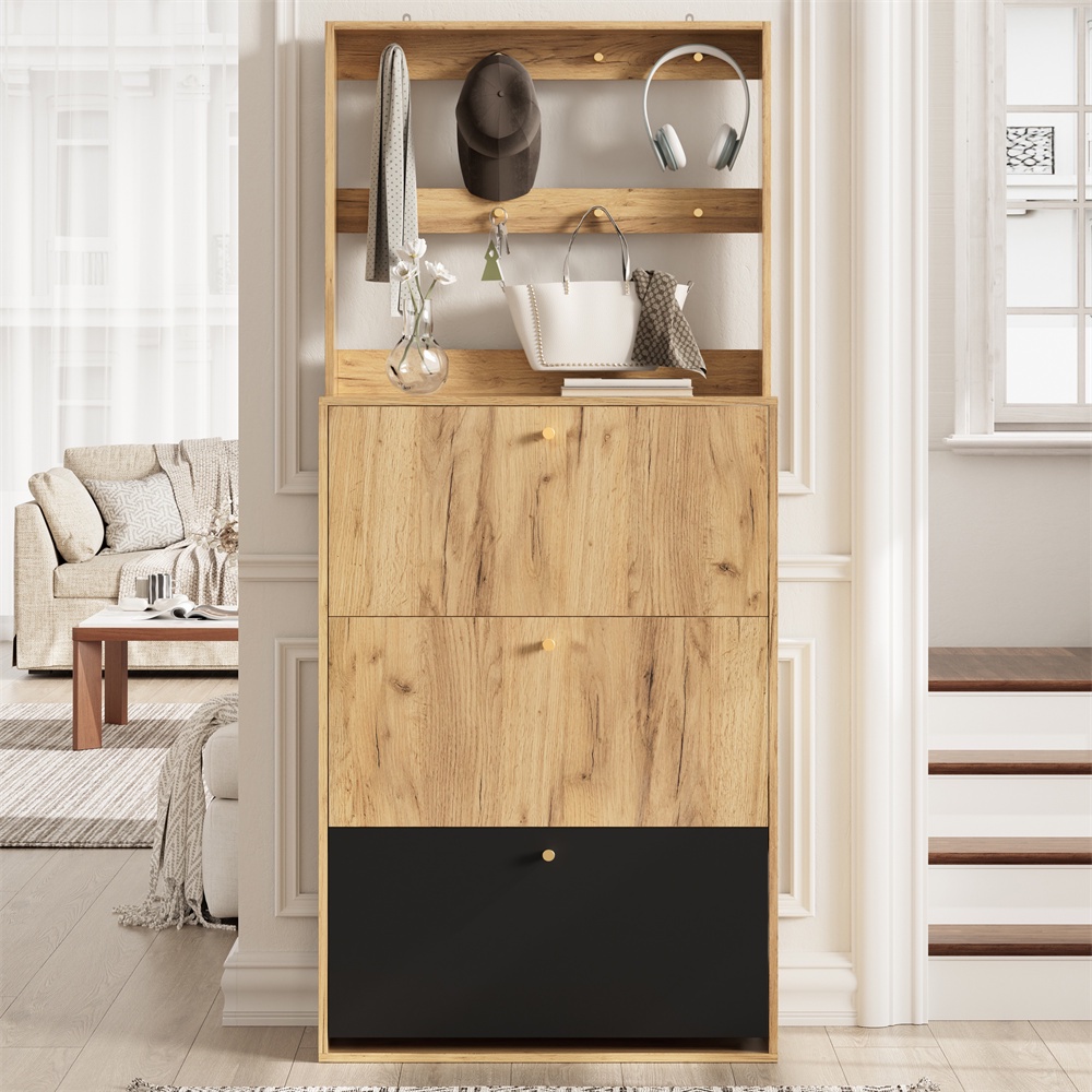 Design-schuhschrank – 75 X 24 X 180 Cm – 3 Klappschubladen & Kleiderhaken – Naturholz-optik & Schwarz