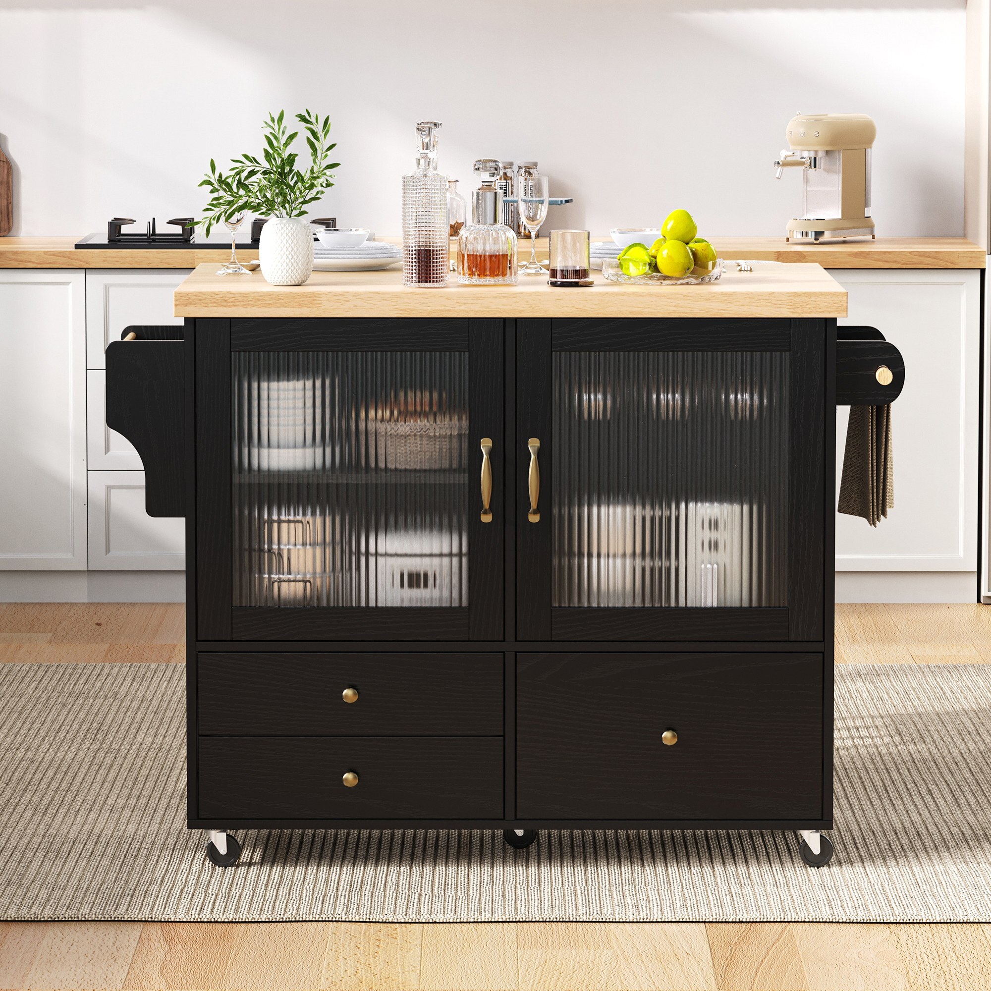 Küchenwagen 100 X 42–70 X 91,5 Cm – Mit Rollen Und Ausziehbarer Arbeitsplatte, Weinflaschenhalter Und Stauraum – Schwarz