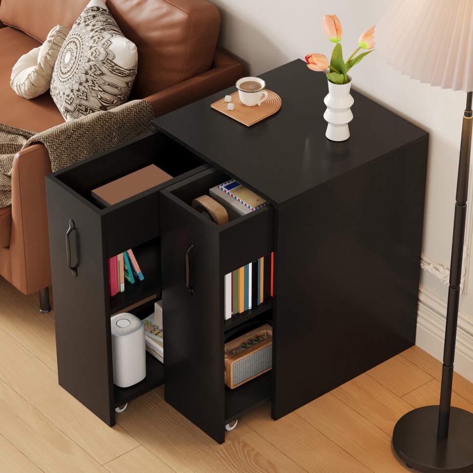 Mobiles Sideboard Mit Schiebefächern – 52 X 50 X 75 Cm – 8 Rollen Und Umkehrbare Schubladen, Stauraum Für Den Schreibtisch – Spanplatte, Schwarz