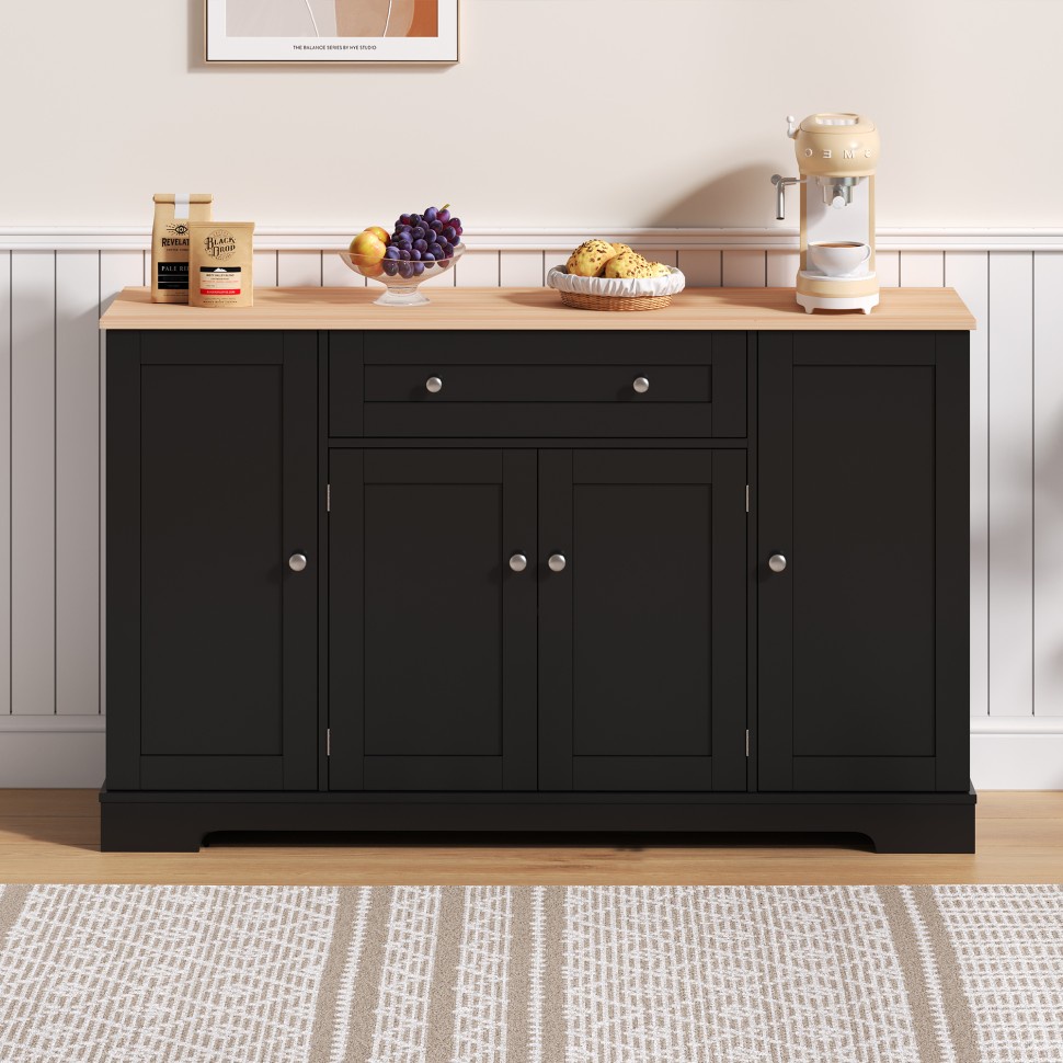 Küchensideboard Mit 4 Türen Und 1 Schublade Sowie Integriertem Gewürzregal Im Schicken Stil – 138 X 40 X 85 Cm – Mdf-holz, Schwarz