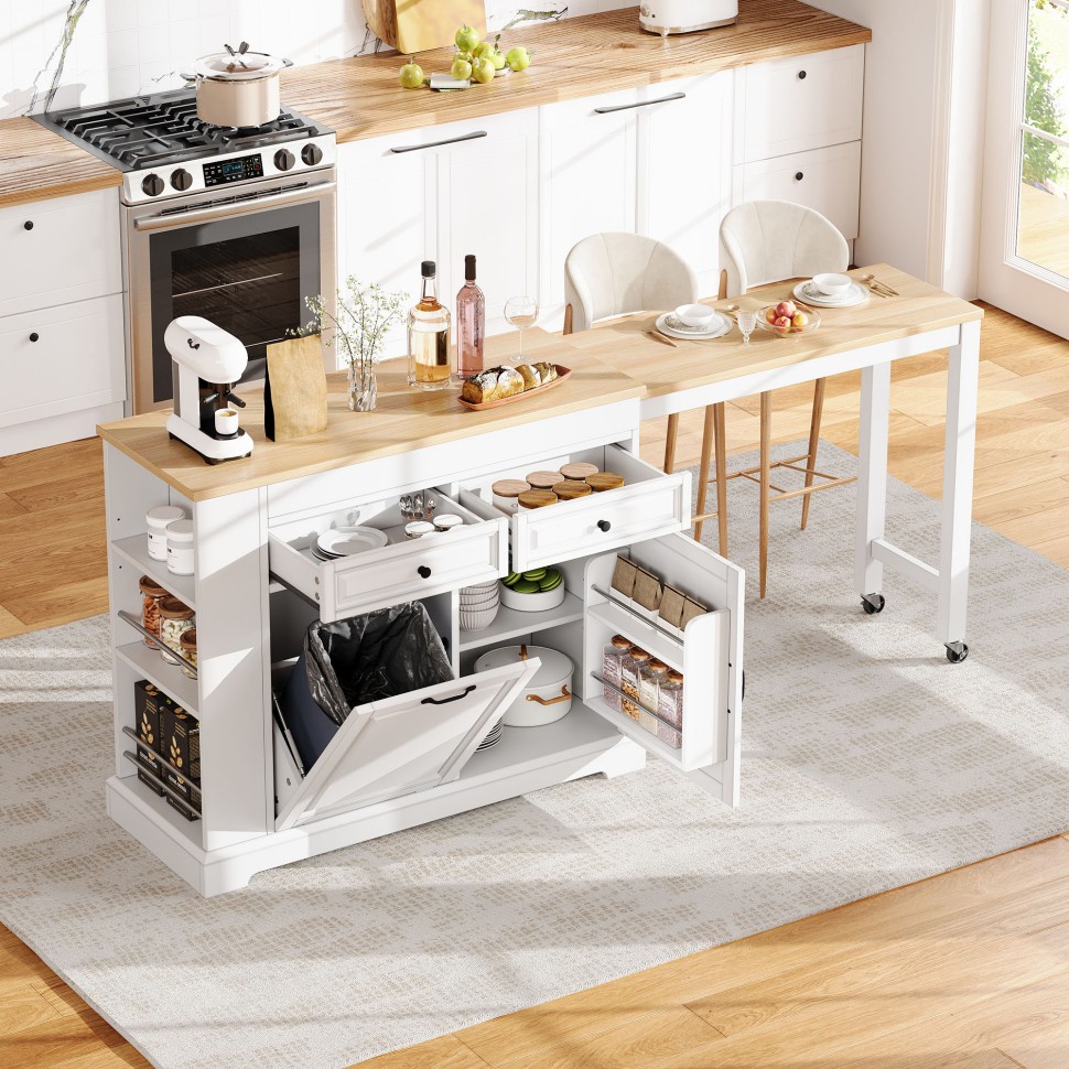 Kücheninsel Auf Rollen 116 X 45 X 92 Cm – Mobiler Serviertisch Mit Integriertem Mülleimer Und Ausziehbarer Arbeitsplatte – Weiß Und Natur