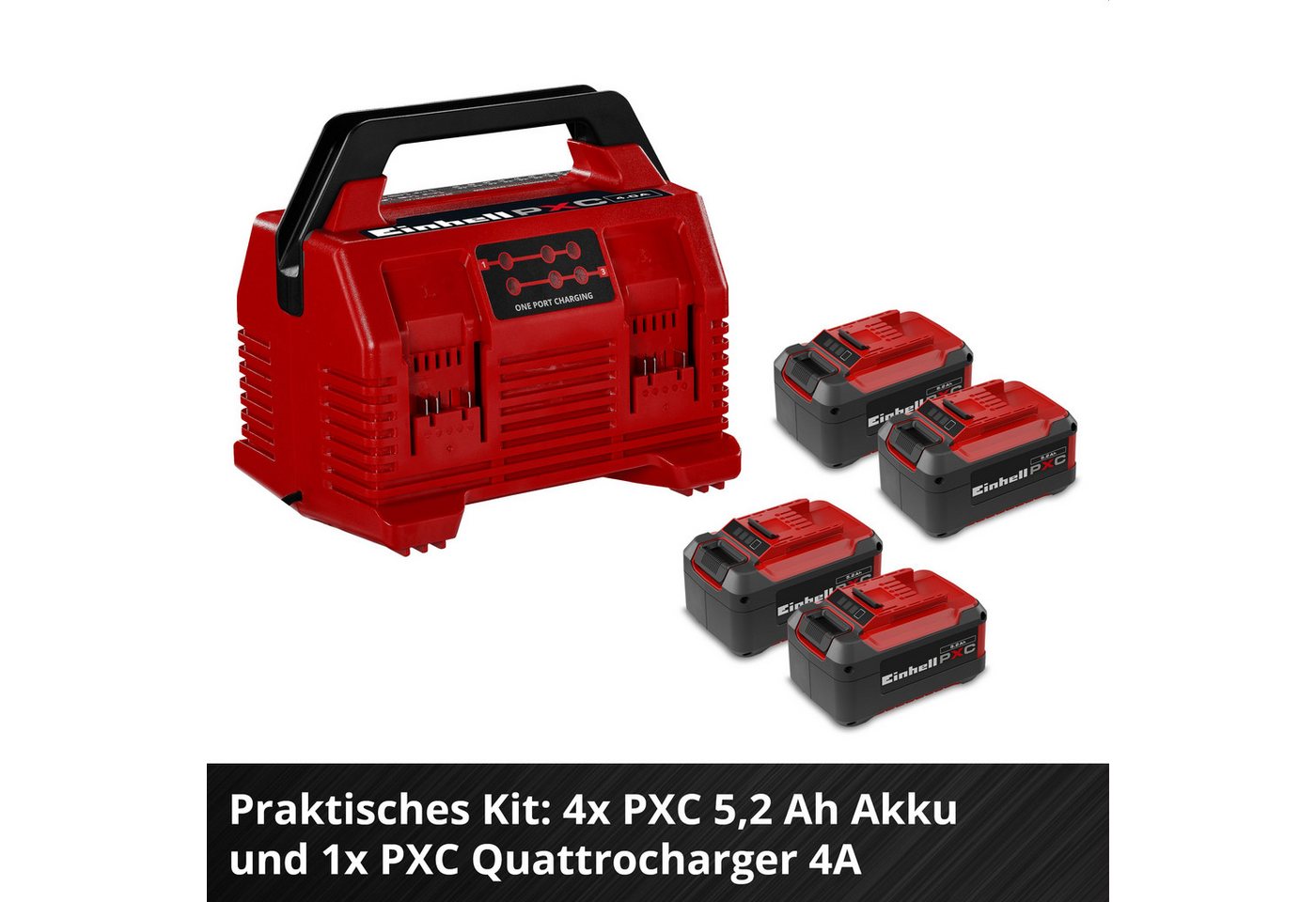 Original Einhell Kit Pxc 4x 5,2 Ah & Quattrocharger 4 A (18 V, 1260 W, 4 Akkus + 4-ampere-ladegerät, 2x2 Akkus Parallel Laden, 80 Min Ladezeit, Power X-change, Li-ion)