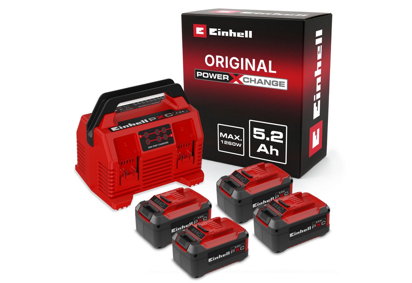 Original Einhell Kit Pxc 4x 5,2 Ah & Quattrocharger 4 A (18 V, 1260 W, 4 Akkus + 4-ampere-ladegerät, 2x2 Akkus Parallel Laden, 80 Min Ladezeit, Power X-change, Li-ion) Bild 5