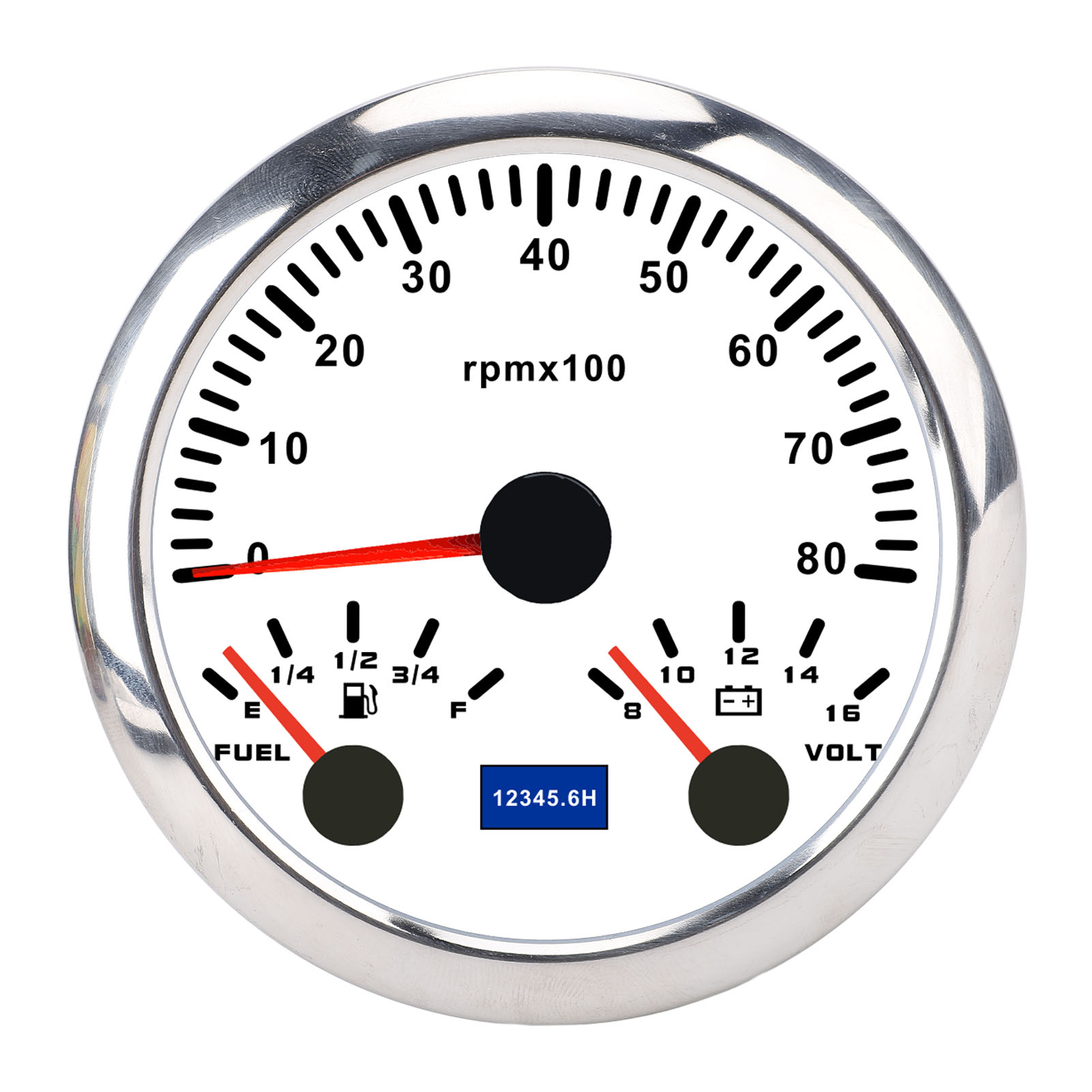 3-in-1 Drehzahlmesser 85 Mm Dc 9–32 V 8000 U/min 8–16 V Spannungsanzeige E 1/4 1/2 3/4 F Kraftstoffstand 7-farbige Hintergrundbeleuchtung Für Wohnmobile, Yachten, Lkws Weißes Zifferblatt Silberne Lüne